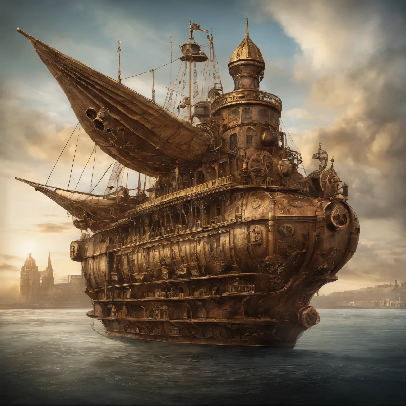 Battleship flying in the air,Cabin and bottom are reversed,With the sky and the city in the background,in medieval style,Baliste