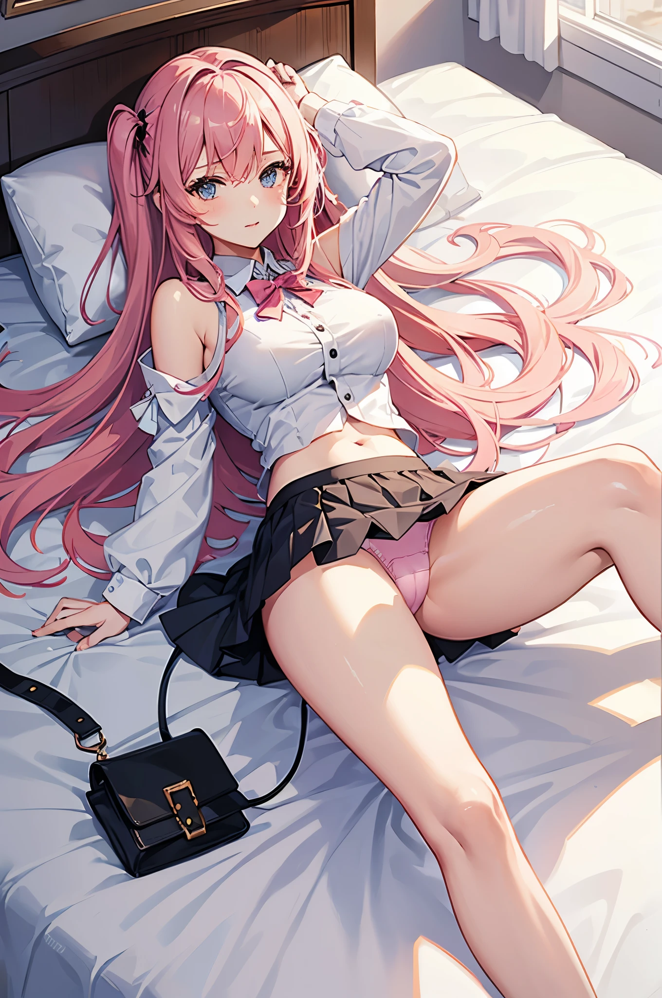 a girl,underwear,big breasts,Lying in bed,legs spread,Pink pleated skirt,masterpiece,high quality