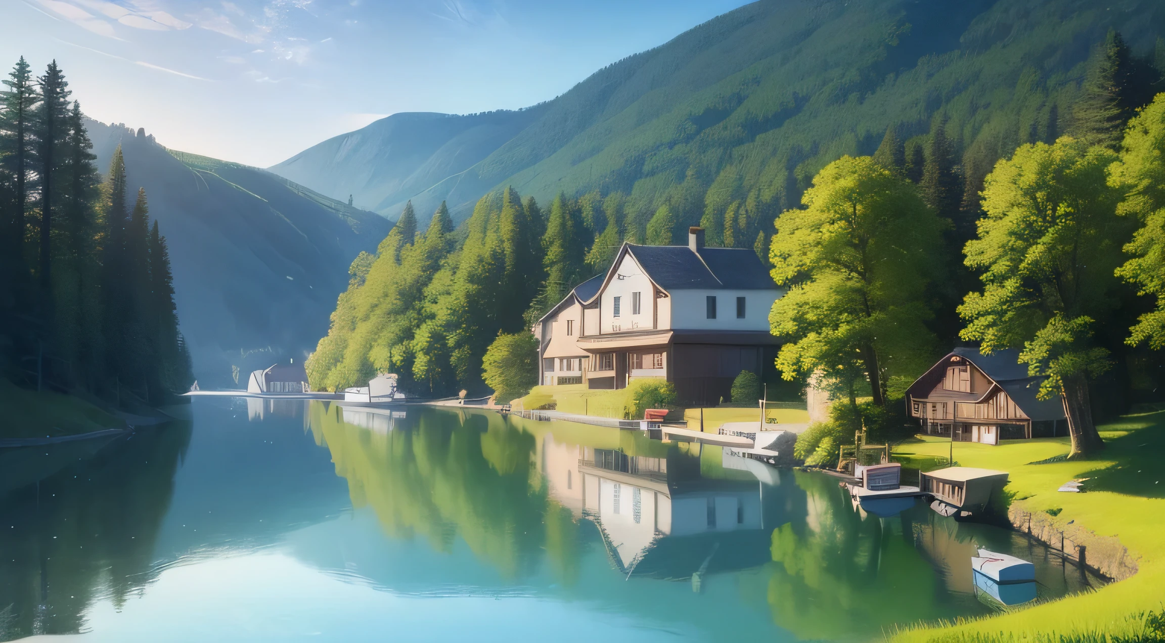 painting of a boat docked at a dock with a house on the shore, lake house, beautiful artist rendering, beautiful detailed scene, beautiful rendering, idyllic cottage, by Stan Stokes, beautiful painting, log cabin, by Howard Lyon, wooden cottage, calm evening, peaceful scene, detailed realistic painting, detailed 4 k oil painting, highly detailed painting, scenery art detailed