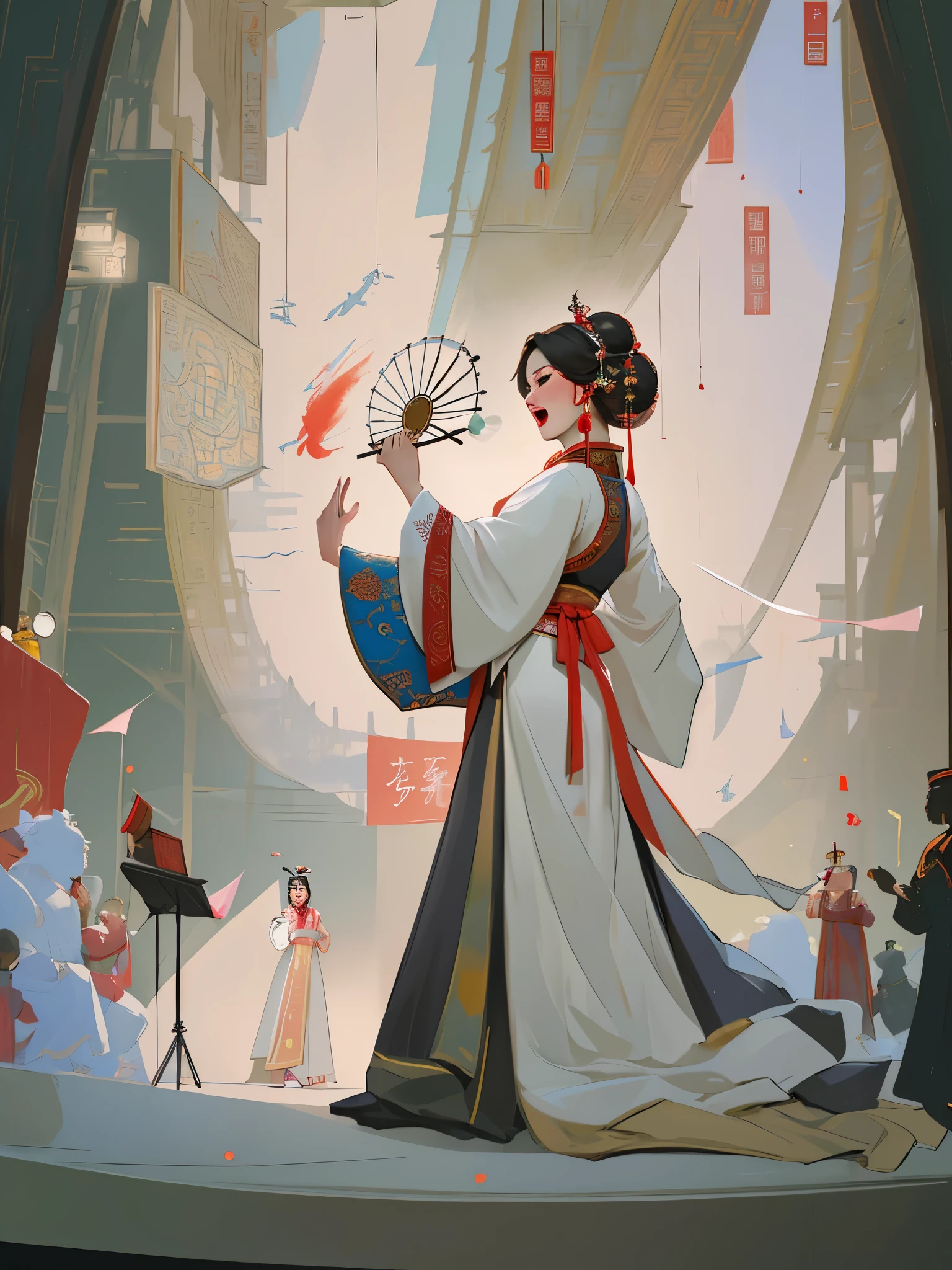 (best quality), ((masterpiece)), (highres), illustration, original, a woman singing opera on the stage, red, Beijing opera, drum, play box, radio