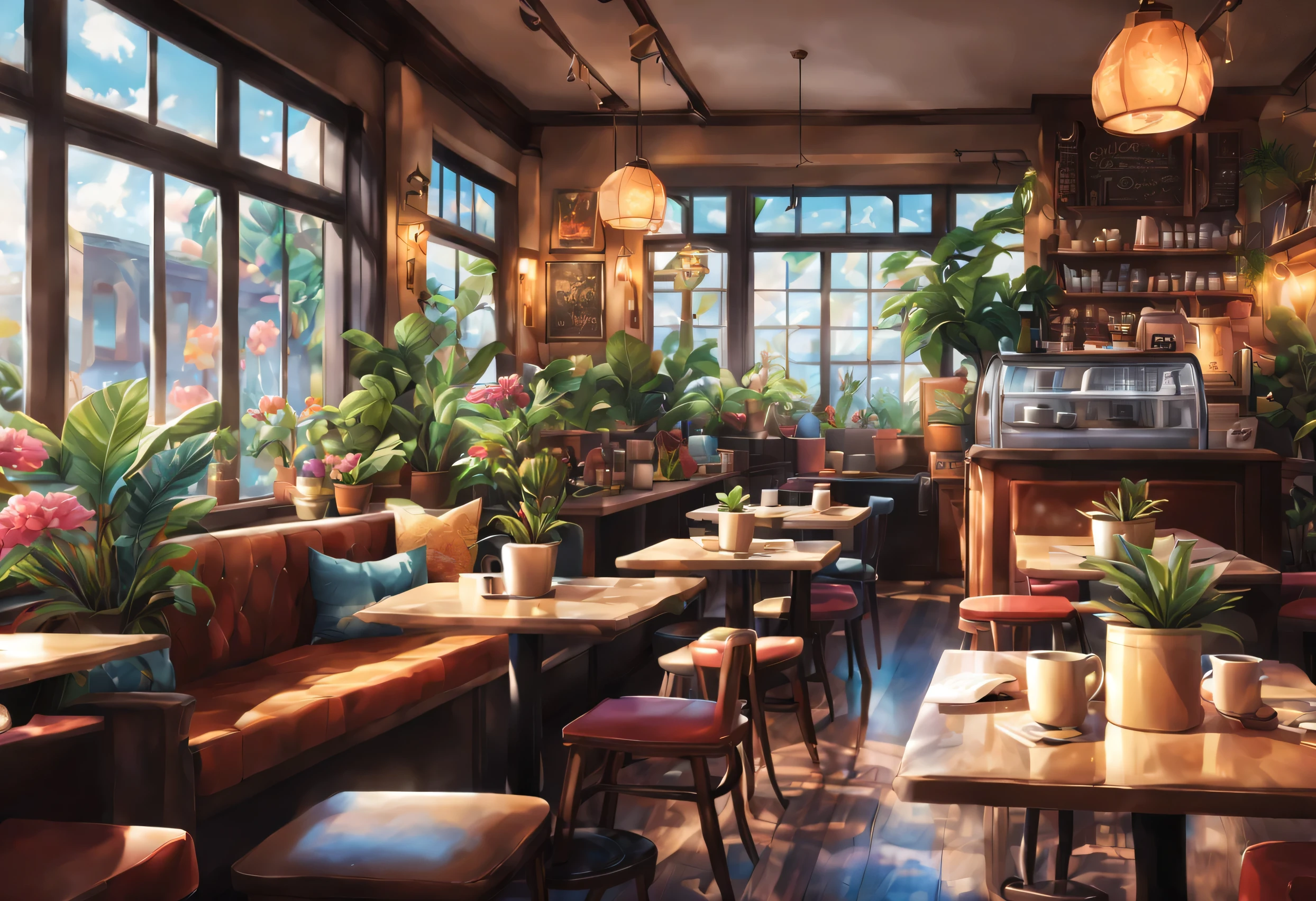 Anime-style, the interior of a coffee shop is illustrated with intricate details and vibrant colors. Delicate steam rises from the hot cappuccino coffee on the table, seats are with soft and colorful cushions, a lot of potted plants, adding to the cozy and inviting atmosphere. Soft lighting casts a warm and beautiful glow over the dreamy scene, it's evening time, making it an ideal place to unwind and escape reality. (Prompt B and C) Anime-style coffee shop interior, hot coffee steaming on the table, creating a cozy, beautiful and dreamy ambiance. (High resolution, 8k) Super detailed anime illustration of a coffee shop interior, showcasing a hot cup of coffee on a table, evoking a warm and cozy