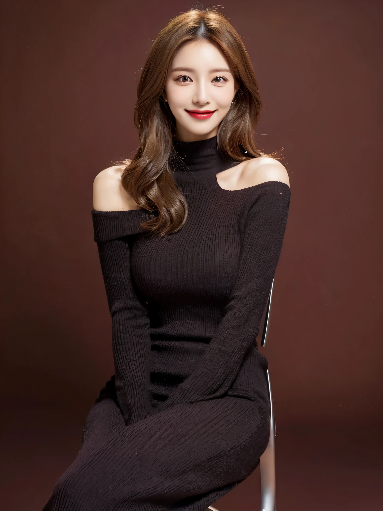 (Random single color background: 1.5), Realistic lighting, light brown hair, smile, light smile, seductive smile, Verism, first-person view, pov, Surrealism, 8k, UHD, best quality, highres, award winning, high quality, high details, super detail, textured skin, anatomically correct, masterpiece, ccurate, retina, 1girl, solo, full body, (Crossed leg), (sit in a chair), (Sexy look), V-neck Off shoulder, V-neck knit dress, Tight dress, Princess dress, mini-knit dress, Knee length, knit dress, party dress, long sleeve, Lady, sexy, Knee length casual dress, Elegant, office lady, Second meeting, wedding style, Korean Fashion, Kpop star, Kpop fashion, Kpop idol