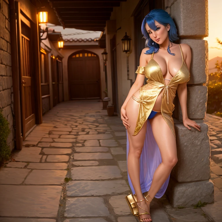 35-year-old blue-haired milf with big breasts, big butt and pubic hair parades on a stone walkway at sunset wearing gold doll lingerie, silver wrap sandals and bare breasts
