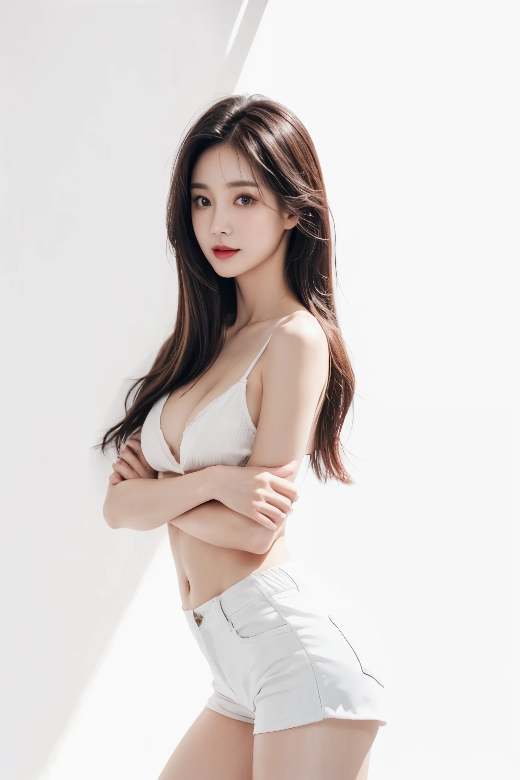 A slender woman, red glossy lips,(Extremely detailed beautiful face)), (best quality), (Super detailed), (Extremely detailed CG unified 8k wallpaper),original photo, (standing), (pure white background:1.5),Show forehead,(A little cleavage),(Photos above the thighs:0.5),(average light source),shorts,(long black hair),(非常average light source),(Frontal fill light),(Frontal light source),Eyes look at the audience