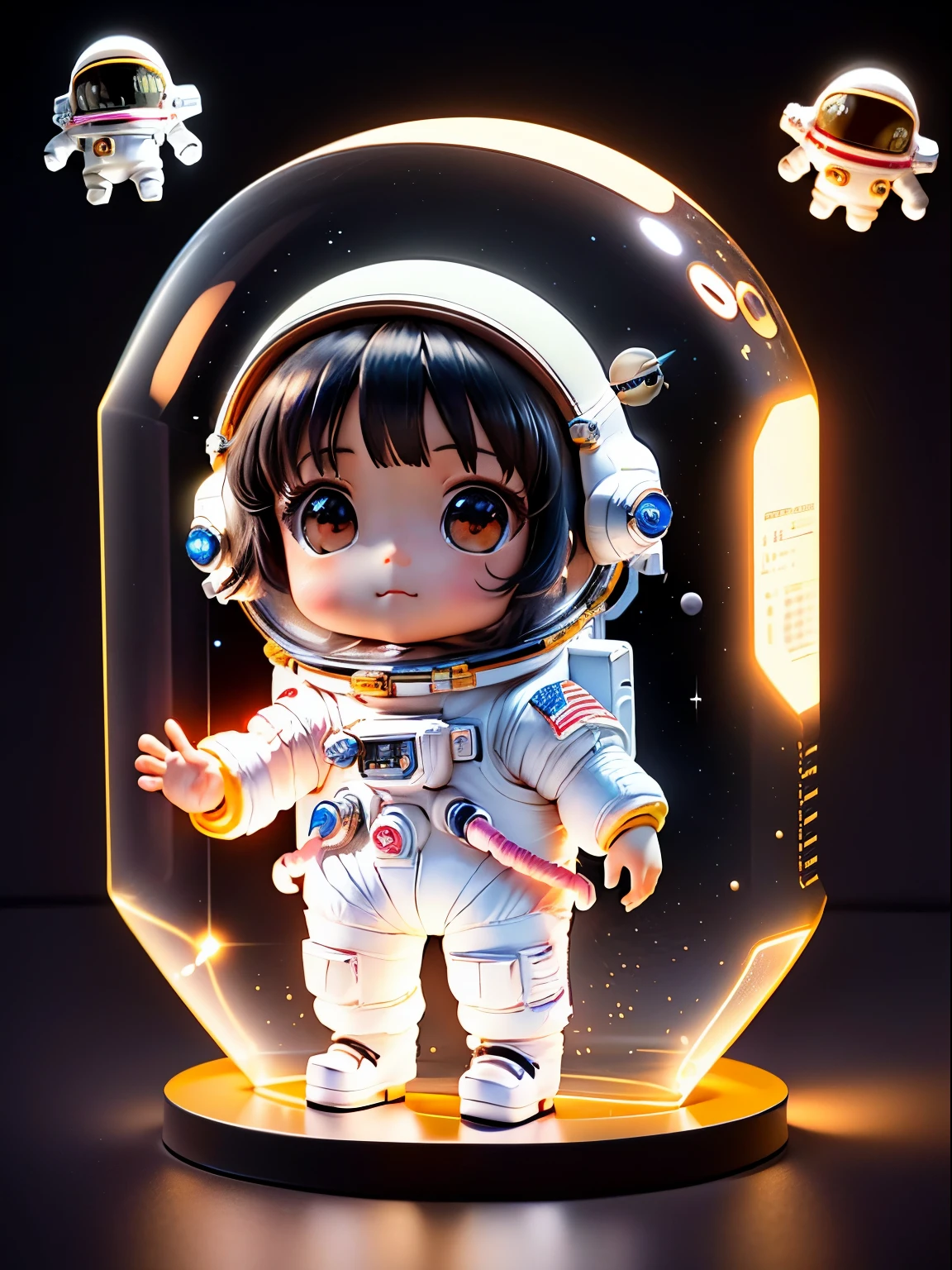 超级Lovely女孩全身3D图,1pc,Eyes are beautiful,big eyes,Lovely,having fun,c4d,pop matte blind box,black medium length hair,round face,Glowing bubbles,short legs,Toy,solid color background,tchibi,Fluorescence transmittance,illuminator, kawaii,baby,(((astronaut,space suit))),Reference table,Bubble Mart Blind Box,Pixar,intricate details,3 rendering,mixer,Overclocked renderer,fol body Reference table,dribbble,high detail,8k,studio lighting,,,,chibi , SD character:1.1,Magic space silo background