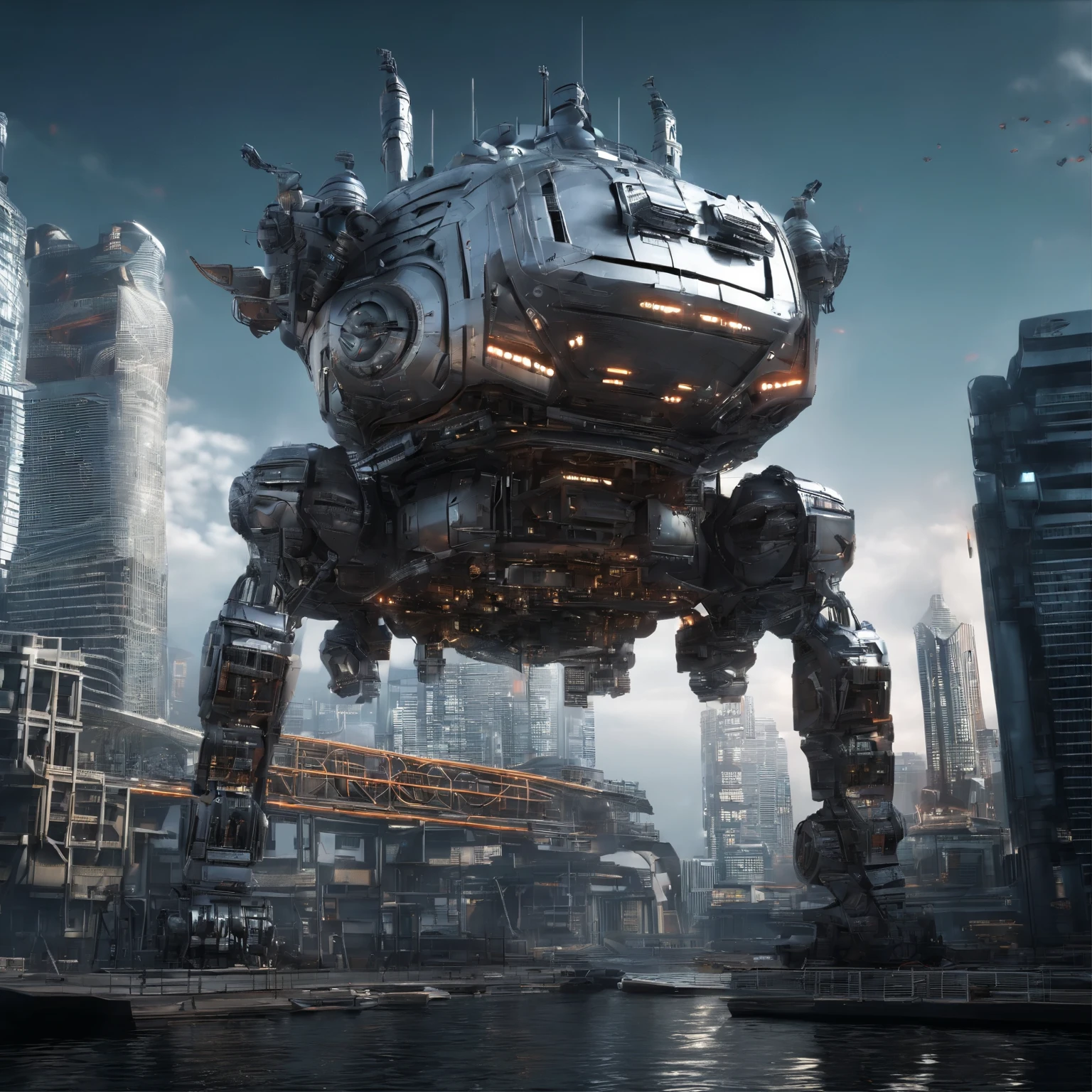 Silver barge Flying battleship in the air，Cabin and bottom are reversed，With the sky and the city in the background，in medieval style，Baliste