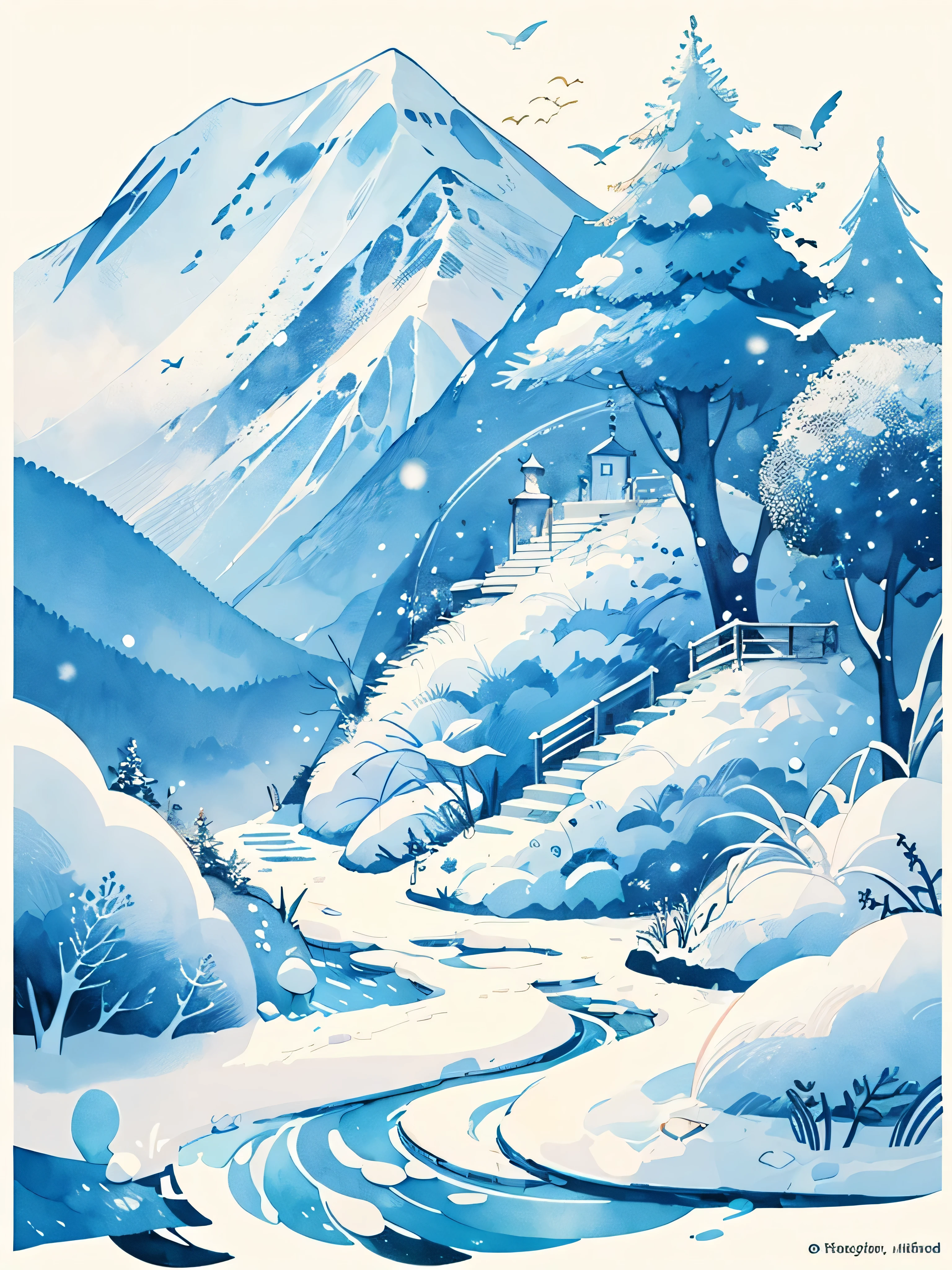 (((masterpiece))),highest quality, Whitetown, snow mountain, scenery, null, outdoor, watercolor (Moderately), traditional media,