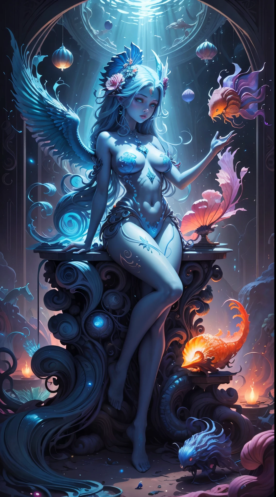 best quality,masterpiece,ultra high resolution,(Shoot real:1.4),Surrealism,like a dream,Beautiful blue-skinned goddess wearing phoenix and peacock, Nautilus, A betta,The creation of fantasy,Brain conch,dream conch,Biopunk Nautilus,Exciting color schemes, Surrealism, Abstract, psychedelia,