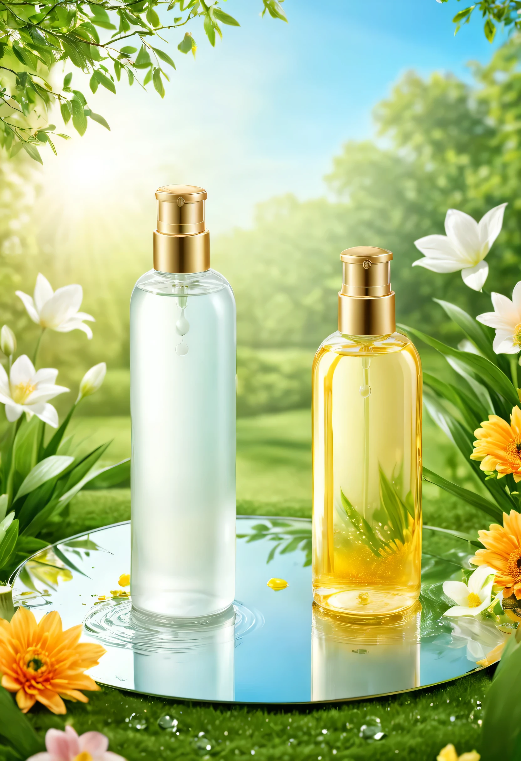 Two skin care bottles placed on a round mirror，Reflecting the blue sky above, Surrounded by dense trees, blooming flowers, and vibrant green grass, Create luxurious and refreshing product designs, Elegant glass bottle，Minimalist design，Convey simplicity and purity, The mirror symbolizes clarity and transparency of ingredients, Warm sunlight casts a soft glow and soft shadows，Highlight the natural charm of the product, Drop delicate morning dew on nearby petals and leaves，Emphasis on moisturizing and care, Subtle gold accents on the bottle label create a luxurious feel, The air is filled with delicate floral fragrance，Adds a fresh feel, (best quality,4K,8k,high resolution,masterpiece:1.2), Super detailed, (vivid, photoactual, actual:1.37), bright colors, human development report, ultra high definition, studio lighting, sharp focus, Physically based rendering, extremely detailed description, professional, (serene, peaceful, peaceful), Integrate harmoniously with nature