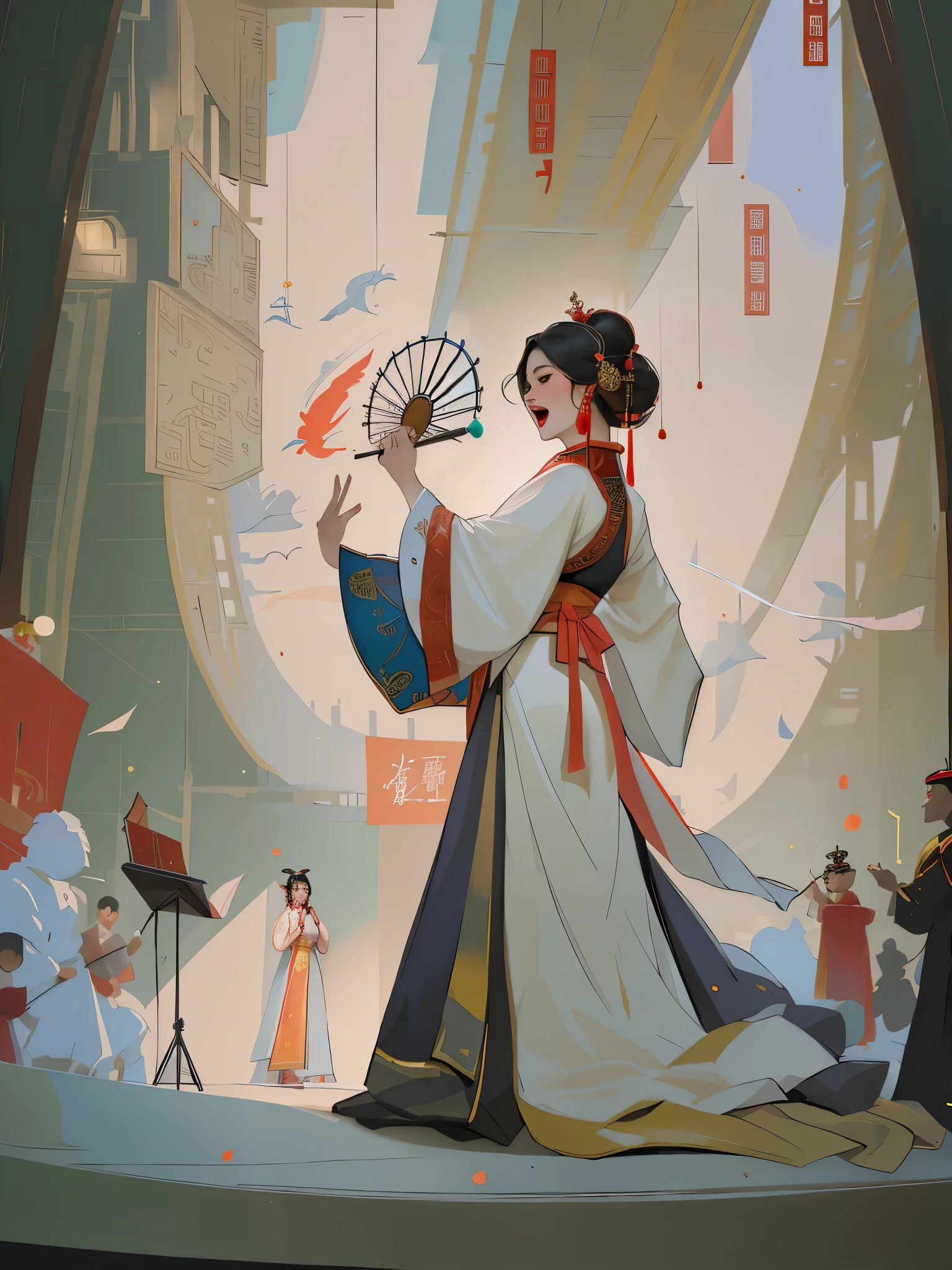 (best quality), ((masterpiece)), (highres), illustration, original, a woman singing opera on the stage, red, Beijing opera, drum, play box, radio,脸上画着脸谱,穿着戏服,华丽,京剧,中国风