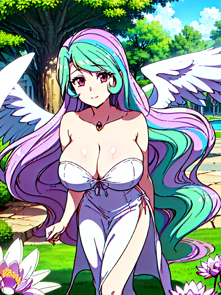 gran calidad ++ Extremely detailed high resolusionolution, very aesthetic, ojos expresivos, (((Cara perfecta))), (((face symmetrical))), ((good anatomy)), (((manos perfectas))), (((8k))), UHD, Fondo de pantalla HD, (((alta calidra detallada, (((((1girl)))))), solamente, Obra maestra, La mejor calidad, high resolusion, Altamente detallado, (illustration), hermosos ojos detallados, (((combatant))), (((1girl))), ((((cuerpo completo)))), (((((((illyasviel von einzbern)))))), (((princess_celestia))), ((((forma humana)))), ((princesa celestia humanizada)), Celestia, Celestia de My Little Poni, celestia en forma de milf, Cabello largo y ondulado, (((Ojos rojos))), (((strapless tube dress))), (((purple heart promise))), (((white dress))), (((milfication))), (((mature female))), (((gigantic breasts))), (((orejas blancas de pony))), (((Dedos detallados))), (((white wings))), (((cuerno dorado de unicornio))), Dedos precisos, Manos no antinaturales, strange eye, columnas griegas, exterior, hermoso bosque majestuoso, hojas de parra rodeando las columnas, arbustos de flores por todas partes, cielo despejado, bright sunny day, water lilies, bosque celestial,