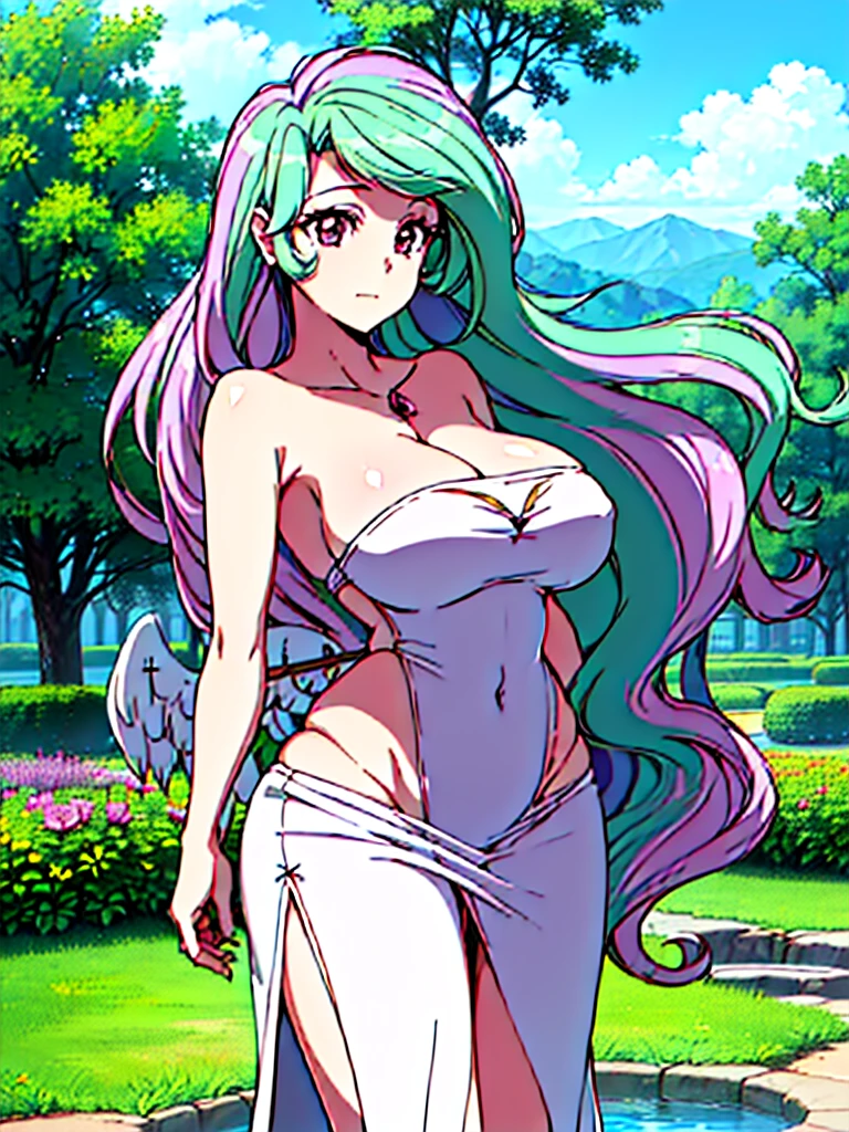 gran calidad ++ Extremely detailed high resolusionolution, very aesthetic, ojos expresivos, (((Cara perfecta))), (((face symmetrical))), ((good anatomy)), (((manos perfectas))), (((8k))), UHD, Fondo de pantalla HD, (((alta calidra detallada, (((((1girl)))))), solamente, Obra maestra, La mejor calidad, high resolusion, Altamente detallado, (illustration), hermosos ojos detallados, (((combatant))), (((1girl))), ((((cuerpo completo)))), (((((((illyasviel von einzbern)))))), (((princess_celestia))), ((((forma humana)))), ((princesa celestia humanizada)), Celestia, Celestia de My Little Poni, celestia en forma de milf, Cabello largo y ondulado, (((Ojos rojos))), (((strapless tube dress))), (((purple heart promise))), (((white dress))), (((milfication))), (((mature female))), (((gigantic breasts))), (((orejas blancas de pony))), (((Dedos detallados))), (((white wings))), (((cuerno dorado de unicornio))), Dedos precisos, Manos no antinaturales, strange eye, columnas griegas, exterior, hermoso bosque majestuoso, hojas de parra rodeando las columnas, arbustos de flores por todas partes, cielo despejado, bright sunny day, water lilies, bosque celestial,
