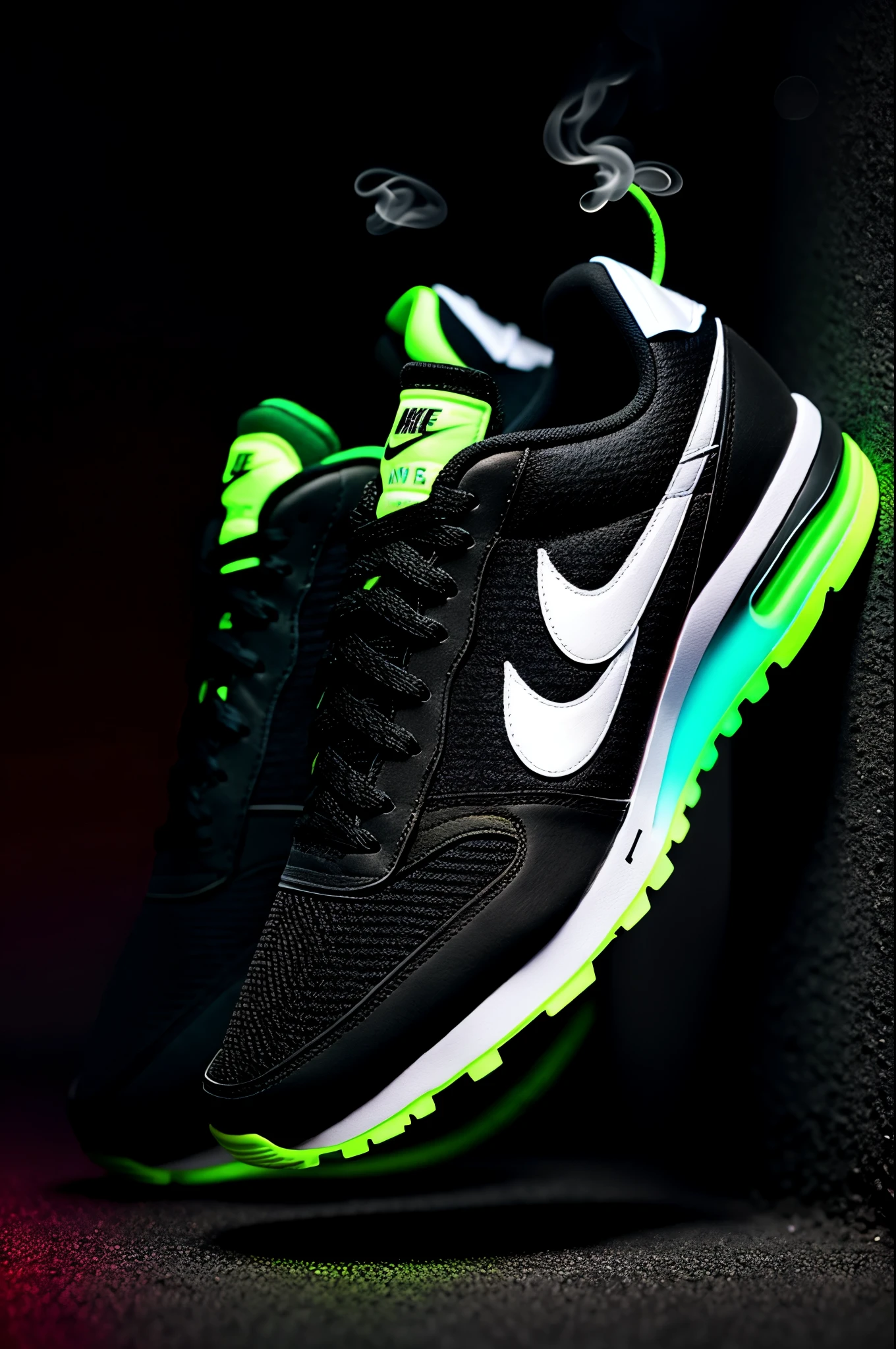 nike sneaker, nike, colored smoke, neon stripe on the sole, dark background, super realistic, 8k, octane render, high detail, --v 4 --ar 3:2