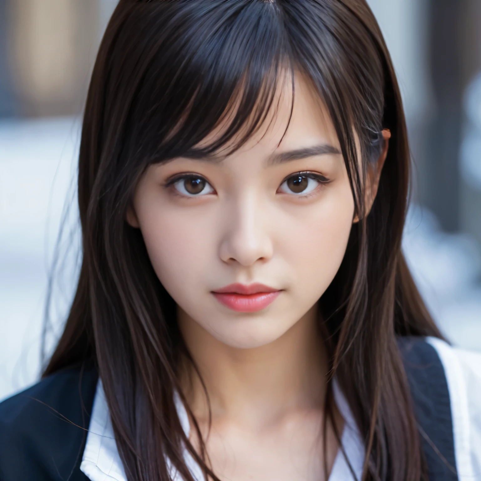 Best-quality, Masterpiece, Ultra-High-Resolution, (Photorealistic:1.4), Raw-Photo, 1girl, the most famous Japanese actress, face-focus, looking at viewer, wearing only winter-clothes with stylish-design, extremely beautiful face like the most popular Japanese-actress, ((extremely beautiful big-black-solid-circle-eyes)), extremely beautiful black-hair, extremely beautiful skins, extremely beautiful long-eyelashes, extremely beautiful lips