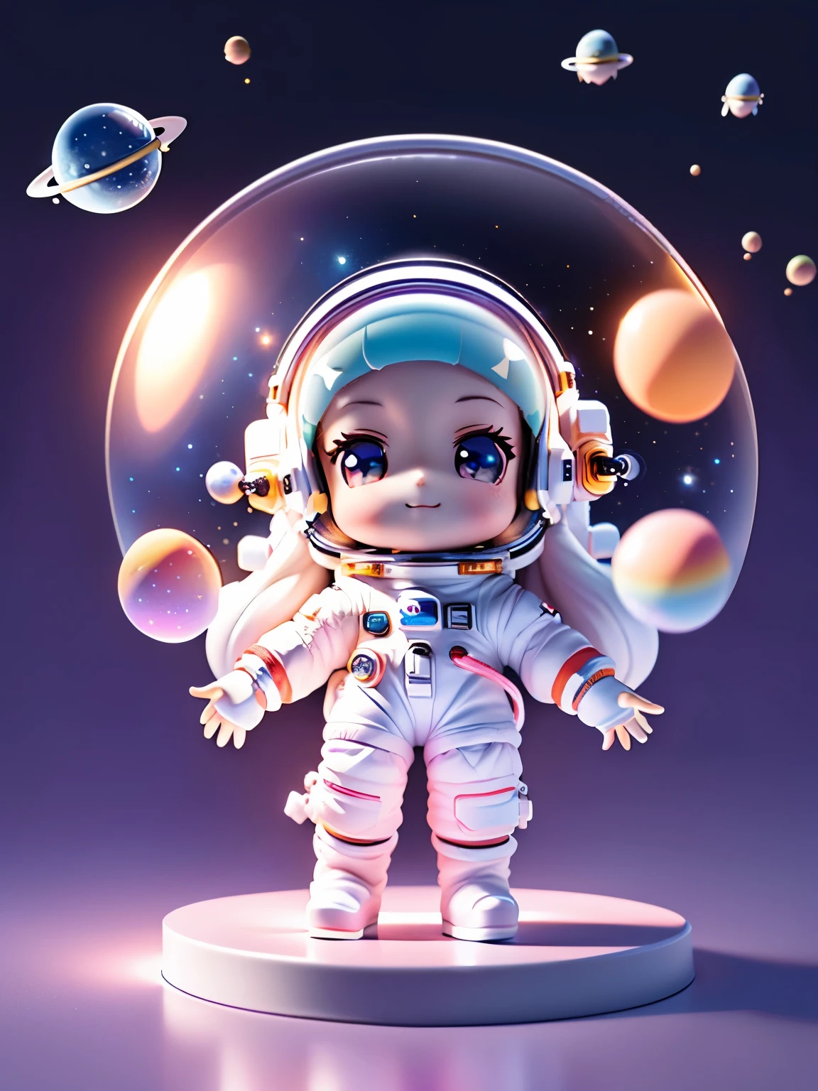 Super Lovely girl full body 3D picture, 1pc, nice eyes, big eyes, Lovely, happy, c4d, pop matte blind box, long white hair, Glowing bubbles, Toy, solid color background, chibi, Fluorescent translucent, illuminator, kawaii, Toy娃娃, (((astronaut, Space cap, space suit))), Reference table, Bubble Mart Blind Box, Pixar, intricate details, 3d rendering, mixer, Overclocked renderer, 身体Reference table, dribbble, high detail, 8k, studio lighting, , , , chibi, SD character: 1.1, starry sky background