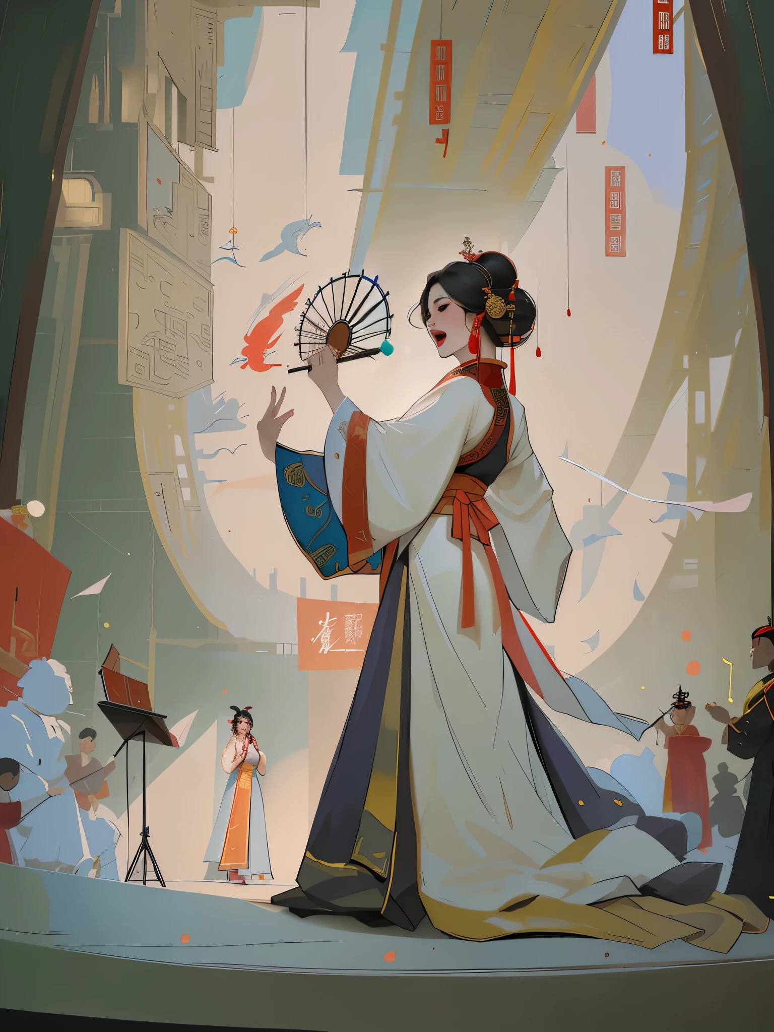 (best quality), ((masterpiece)), (highres), illustration, original, a woman singing opera on the stage, red, Beijing opera, drum, play box, radio，脸上画着Facebook，wearing costumes，gorgeous，Peking Opera，Chinese style，Keep your mouth shut，