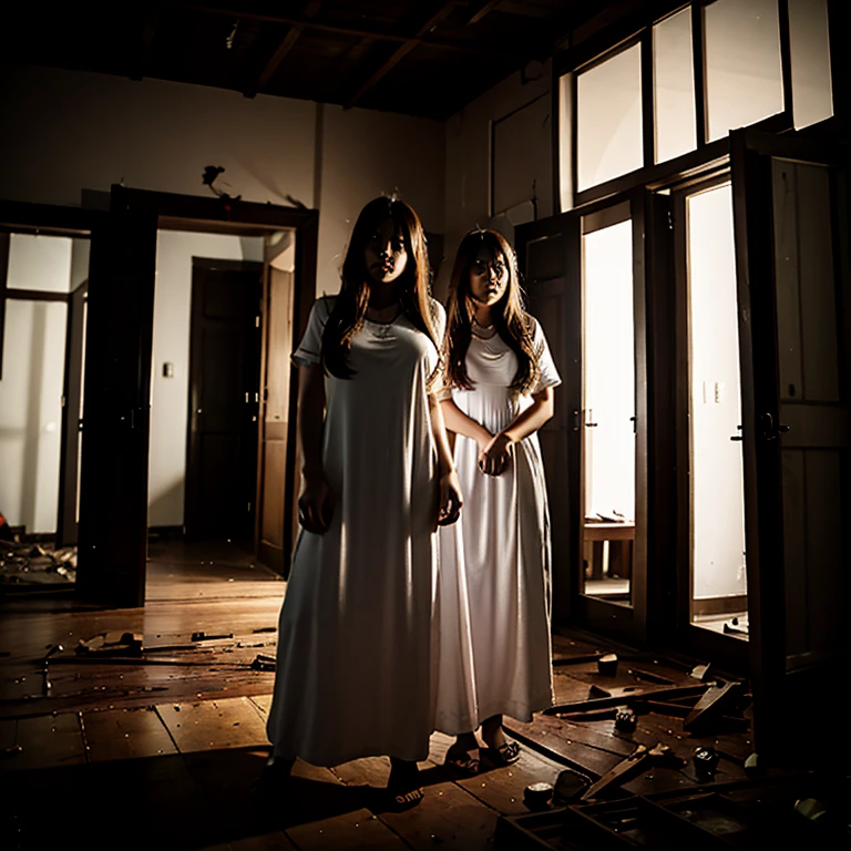 ((A southeast asian ghost)) , ((a kuntilanak)) , (scary face) , ((big breast)) , long white dress, very long hair, ((full-body view)) , in an abandoned house, in an eerie night