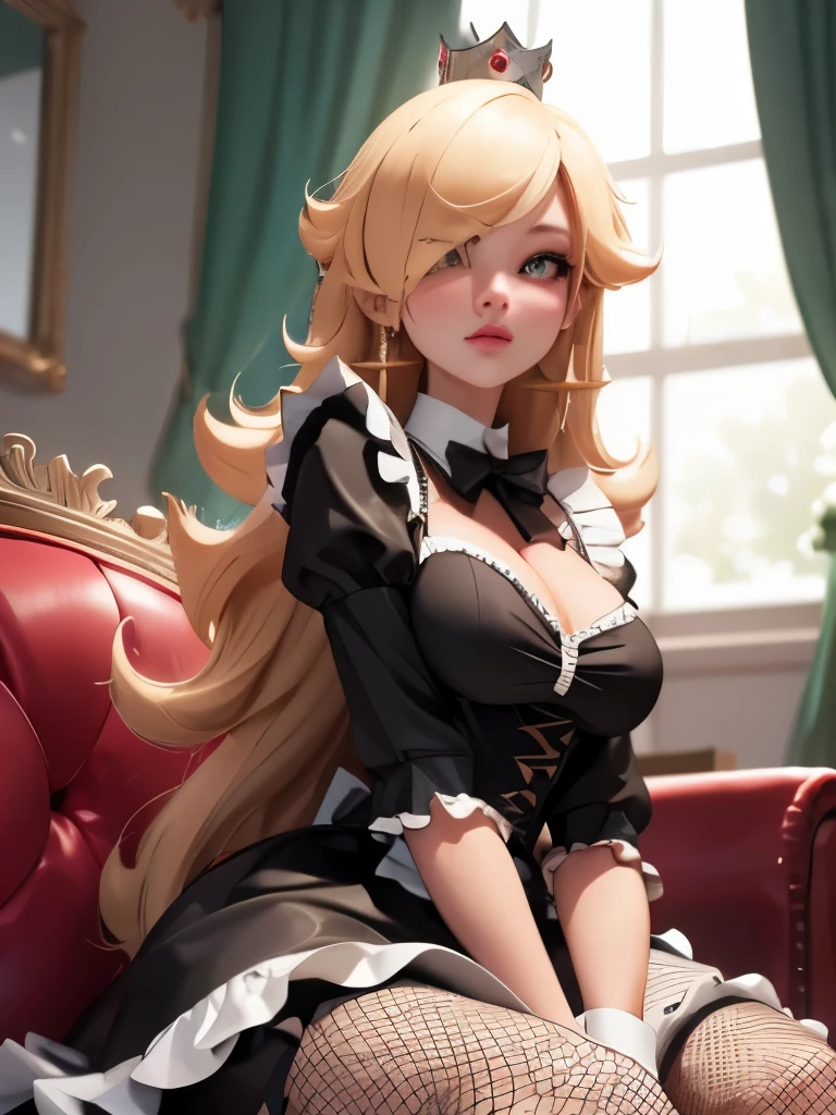 ultra detailed 8k cg, super model, super idol, perfect face, beautiful face, mature female, looking at viewer, angle,sitting,1 girl,solo,crown, black french maid outfit, fishnets, living room, crown