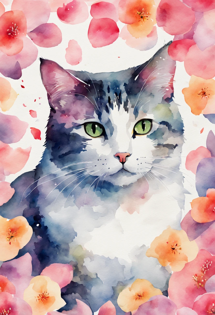 cat,Surrounded by petals, watercolor painting style