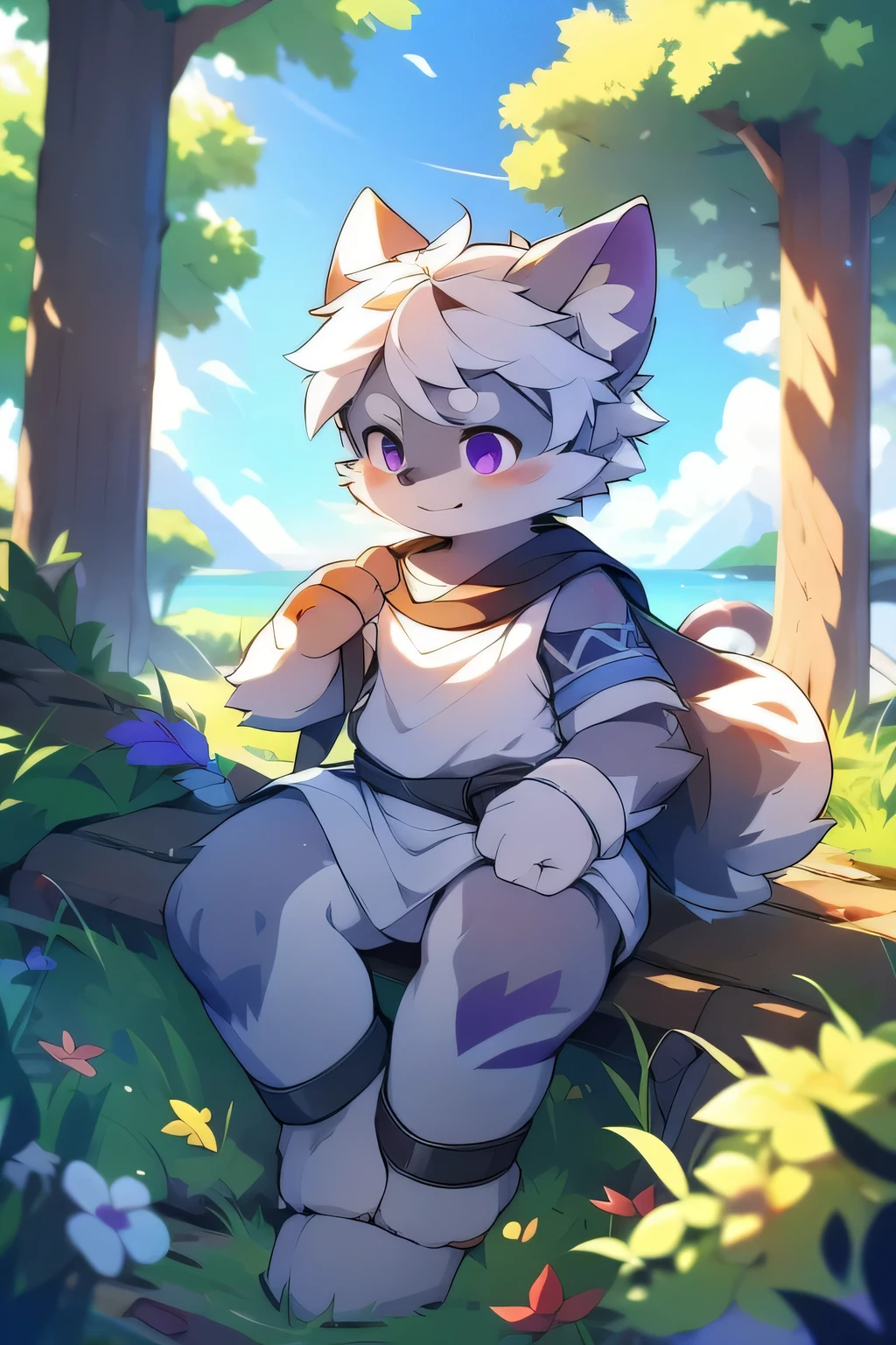 the only person，hairy male，hairy body，exhibit，Coyotes，canine，gray fur，long white hair，The ends of the hair are purple，purple eyes，being bullied，charming，Handsome，big tail，male love，sitting at the edge of a cliff，undying，god，horny boy，Shota