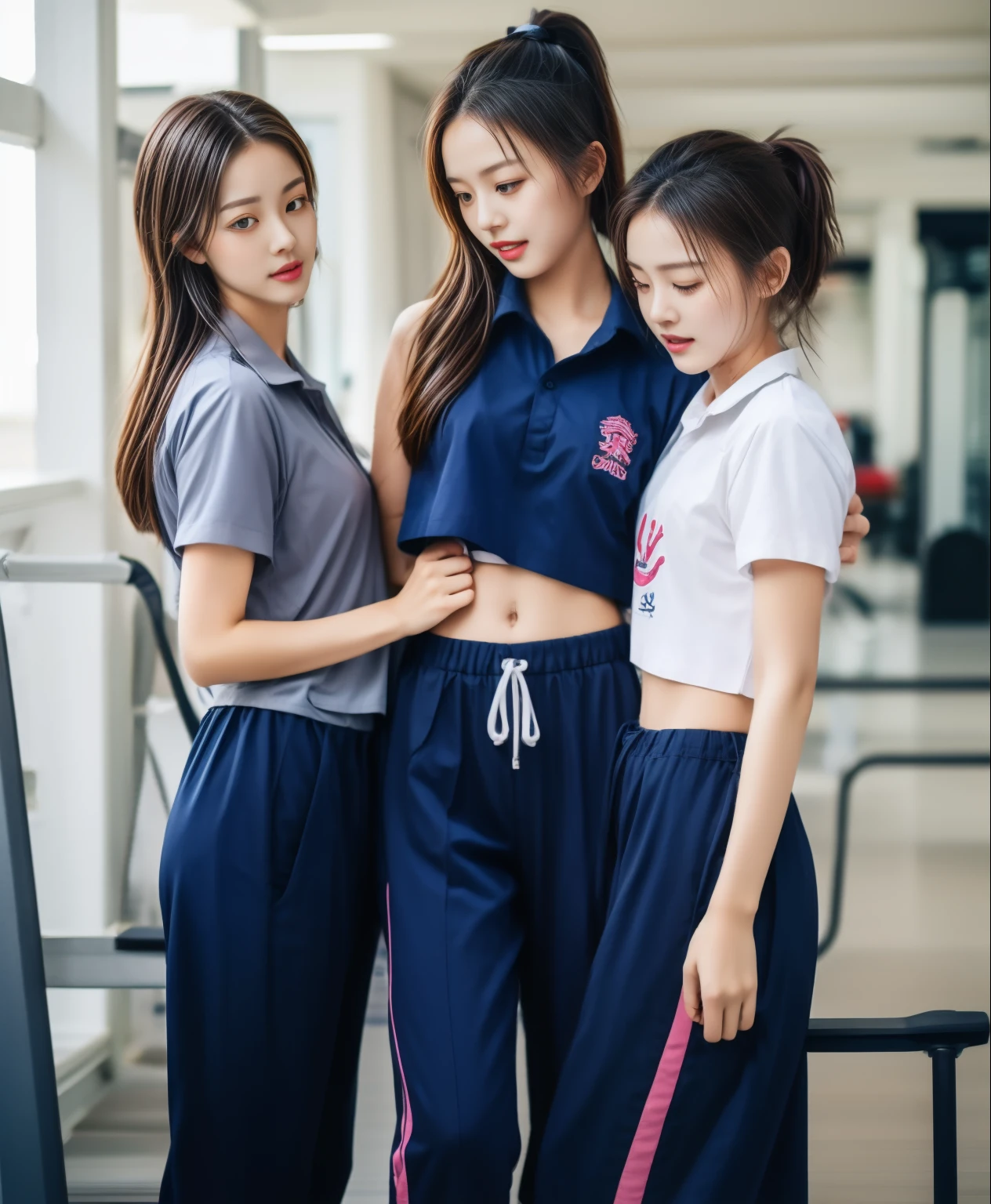 3 girls in fitness center, Navy blue short-sleeved shirt,Navy Long Trackpant,Sweatpants, Sweatpantsขายาว,25 year old girl, lesbian, sexy, exercise clothes, wet body, exercise clothes