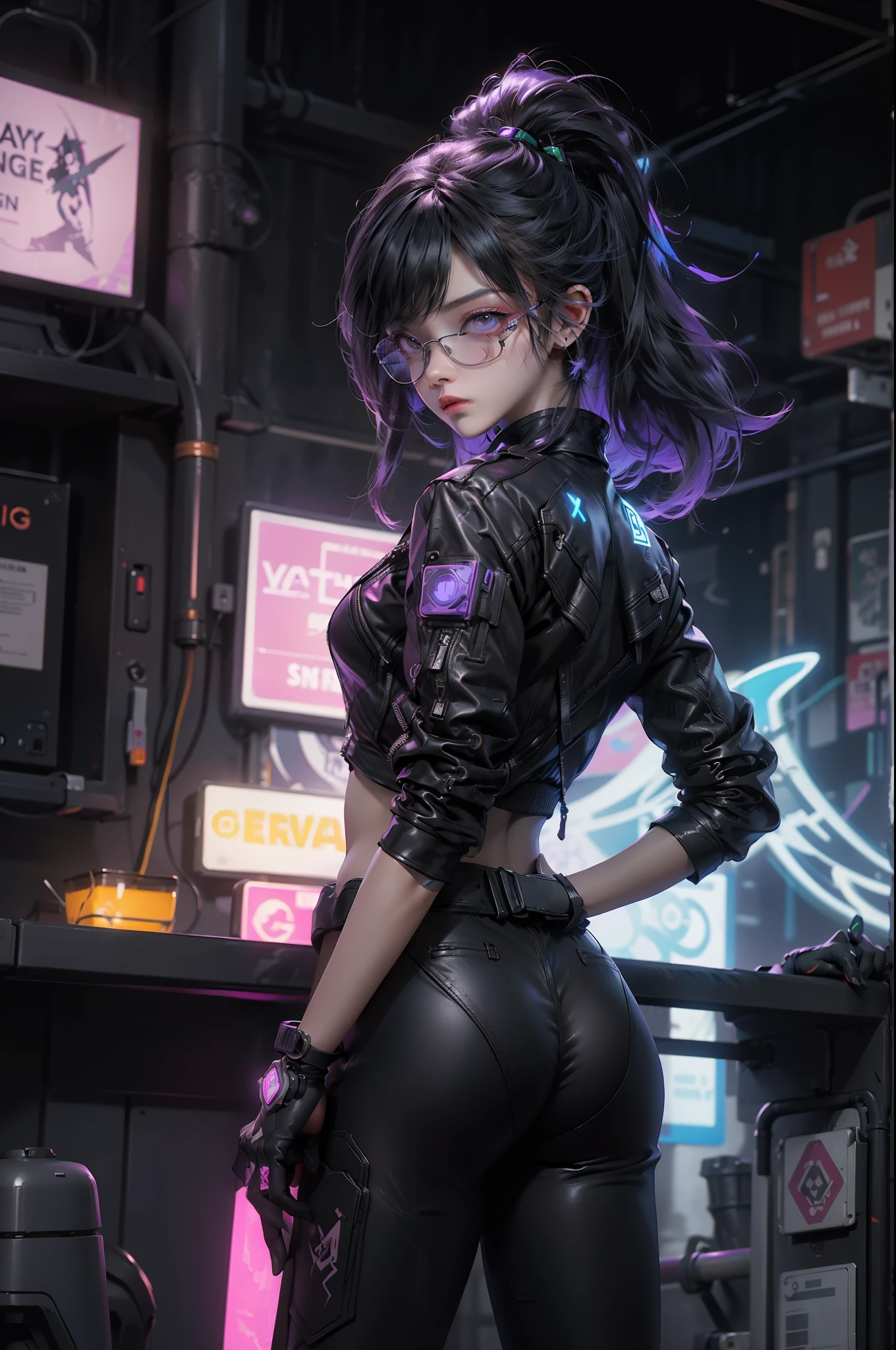 1 girl ,tmasterpiece, Best quality at best, ultra - detailed, illustratio, Cyberpunk rebel hacker style: Future city quality: Sharp and dynamic, Depict a character: Tech-savvy roles are inspiring: Neon city lights reflect her cybernetically enhanced shadowold contrasts accentuated her confident and bold outfit: High-tech tights leather jacket, Augmented reality glasses background: A gritty back alley filled with holographic graffiti and neon lights