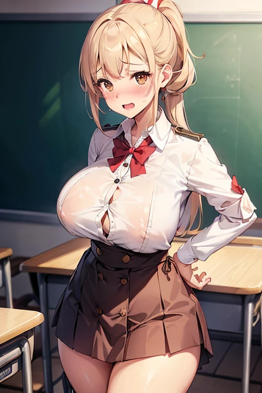 breast focus,loose school uniform is sheer, button gap,(covered nipples:0.7),breasts,under breasts ,red white gold uniform,(side-tie peek:1.5),(button gap:1.5), white skirt, white top, red ribbon, golden buttons, golden shoulder pats, young adult, 19 years, (embarrassed,blush:1.5),blonde hair,half updo hair, open mouth,brown eyes, beautiful brown eyes, big breast, striking body curves, horny smile, pink lips, tiny girl, cute pose, masterpiece, classroom background, school