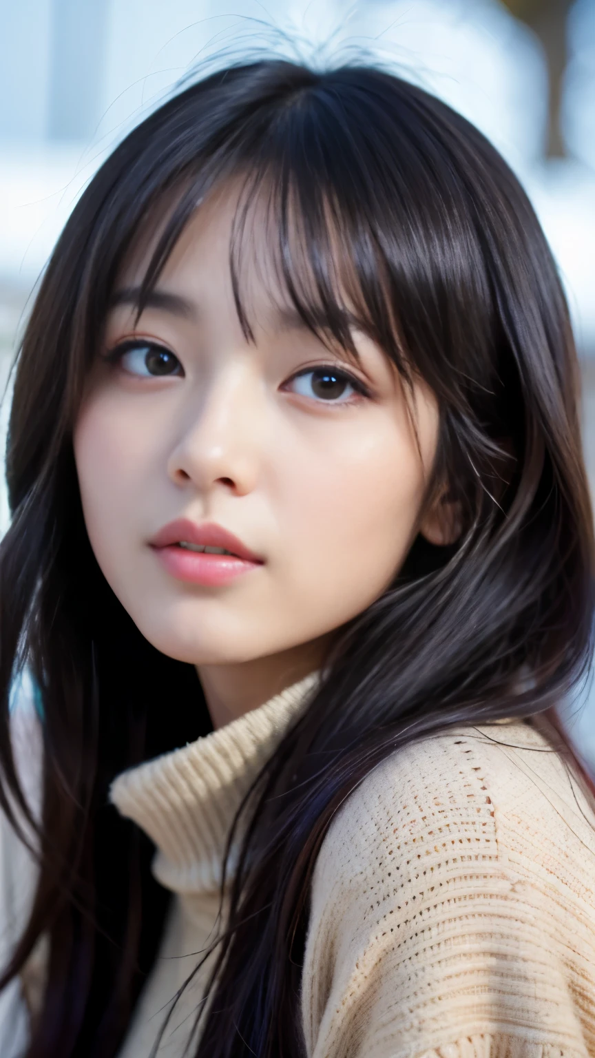Best-quality, Masterpiece, Ultra-High-Resolution, (Photorealistic:1.4), Raw-Photo, 1girl, the most famous Japanese singer, face-focus, looking at viewer, wearing only winter-clothes with stylish-design, extremely beautiful face, ((extremely beautiful big-black-solid-circle-eyes)), extremely beautiful pink-hair, extremely beautiful skins, extremely beautiful long-eyelashes, extremely beautiful lips