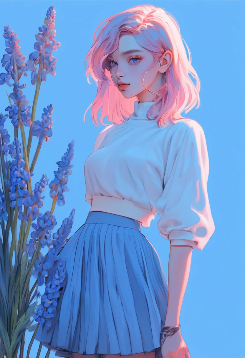 illustration style, anime , realistic ,sketch , 1 girl, lip, skirt,order, Blue gradient background, Neon Hair,textured crop, muscari flower,Canadian, (masterpiece,highest quality)