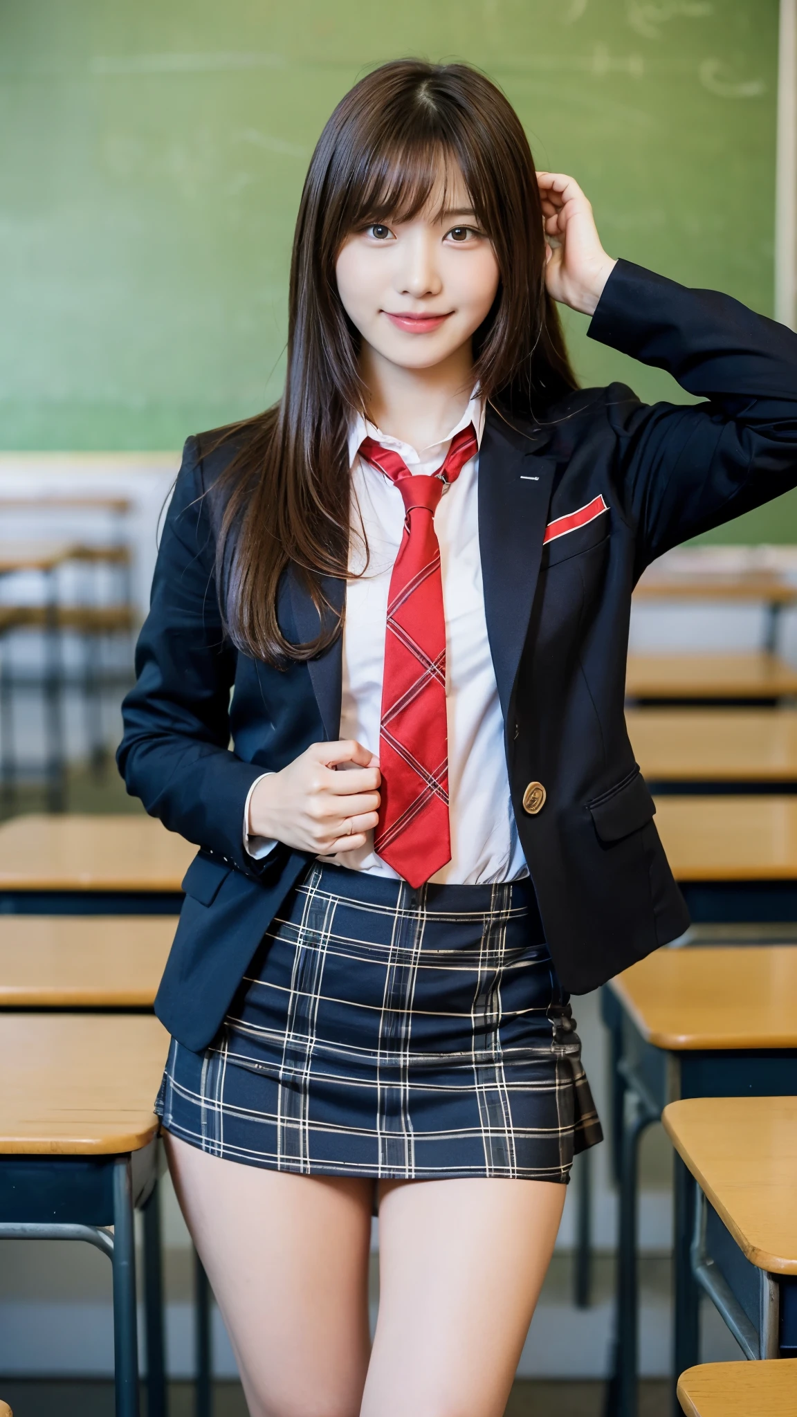 Stand in the classroom of school2girl girl,Red Tie Uniform,Dark Blue Closed Blazer,blue plaid miniskirt,18-year-old,bangs,a little smile,thighs,knees,from below,random pose,pretty girl,slender girl,