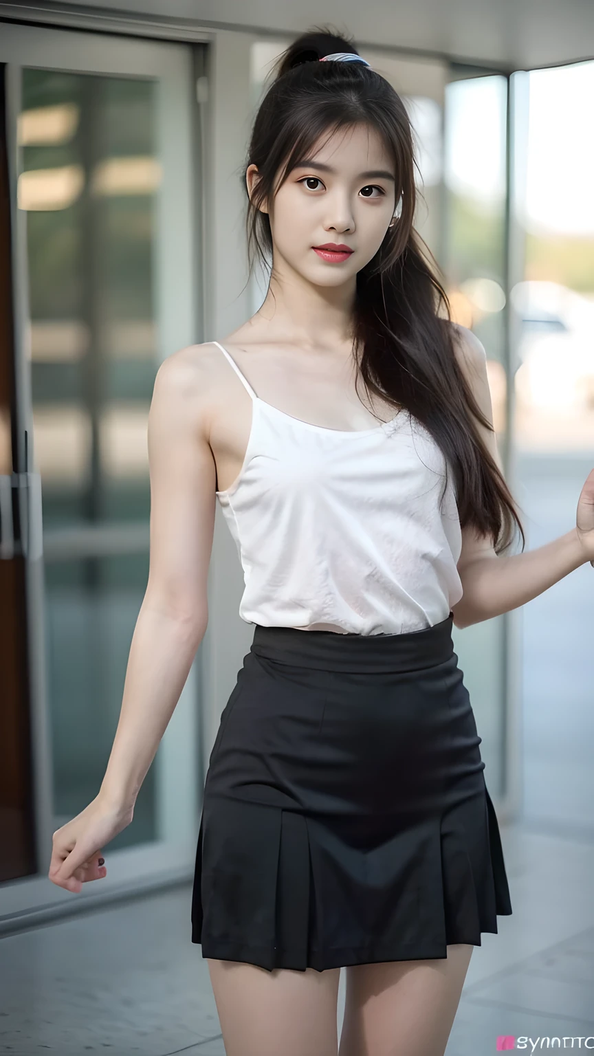 best quality, natural lighting, masterpiece, 1 girl, perfect beautiful face, (photo photo:1.3), edge lighting, photography lighting, (high detail skin:1.2), 8k ultra hd, DSLR, high quality, high resolution, white skin, detailed textured skin, 3/4 body in frame, sexy posing, poker face, perfect propotion face, symetric face, eye level shot, 4k, 8k, bokeh, absurd, best ratio four fingers and one thumb, (realistic:1.3), beautiful detailed girl, cute 1girl, dark-brown hair, ponytail, long hair, bangs, volume hairs, collosal-breast, full looking breast, projecting breast, slim waist, slender, small thighs, perfectly proportion, university background, detailed background, white spaghetti strap tank top, black pencil skirt, black pleated skirt