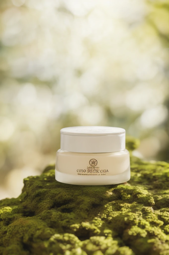 Close-up of a jar of cream on a mossy surface, Chill, biophilia mood, chillwave, textured base ; product image, choi, professional product photo, photoshoot for skincare brand, professional product shot, high quality product photo, Skincare, Inspired by Camilo Sen, Official product photo, Cheerful ambiance, Wang Chen,(粉色的瓶子:1.3)