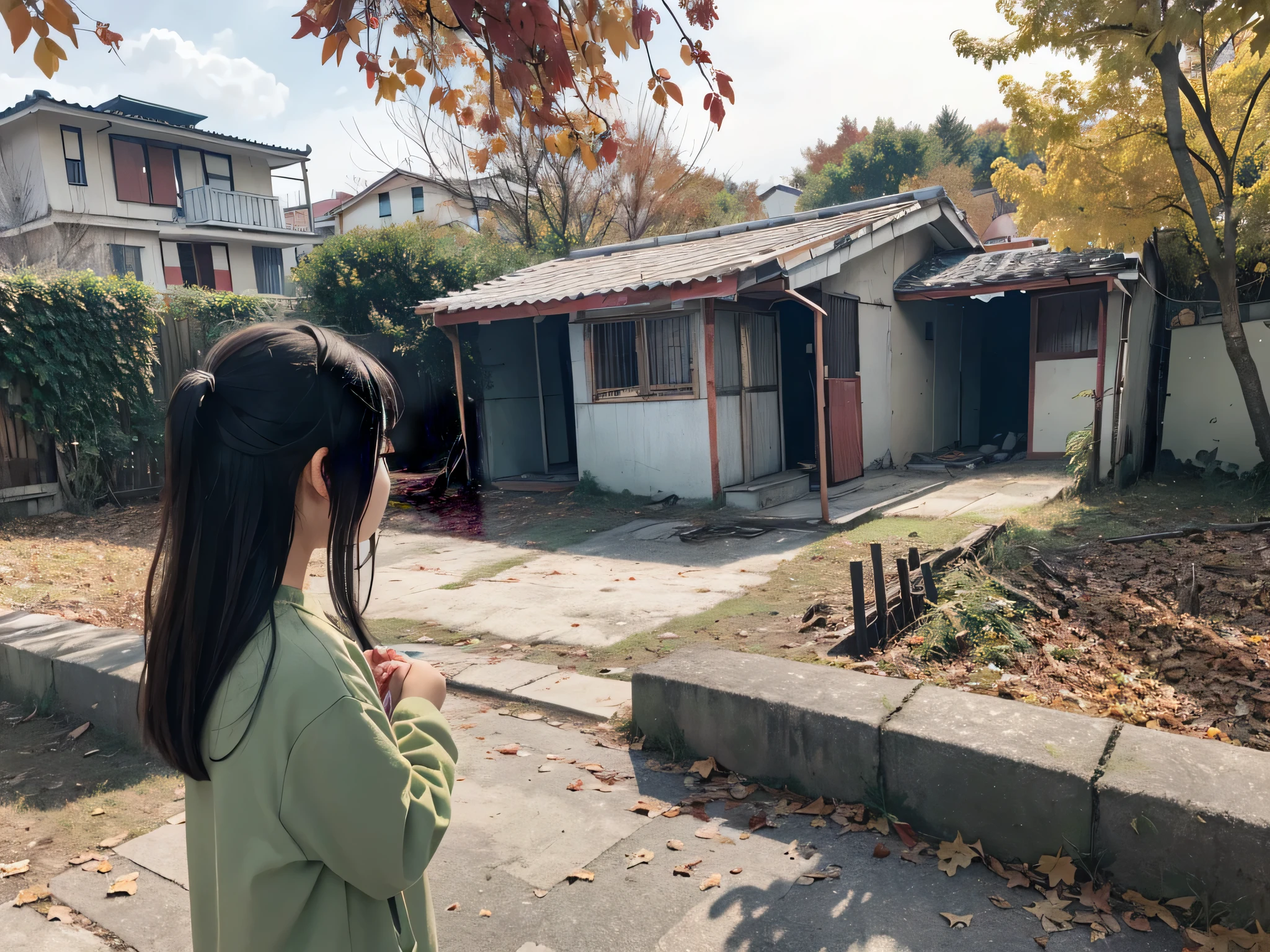1 little girl,坐在路边wait,wait,Looking into the distance,dilapidated houses in the background,Sparse trees,autumn,fallen leaves,masterpiece,(pastel colors:1.2)