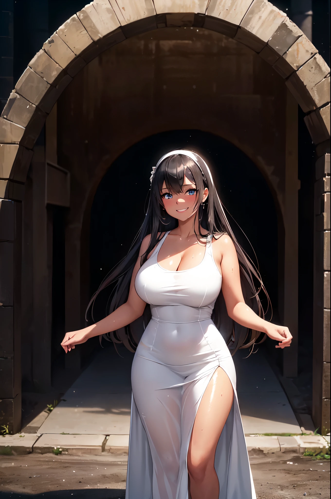 (High quality, High resolution, Fine details), Outdoors, (Round entrance), (Standing at the entrance to a pitch-black tunnel:1.2), Glowing dimly, (White Simple Dress), solo, curvy women, sparkling eyes, (Detailed eyes:1.2), Tilt head, grin, blush, Sweat, Oily skin, shallow depth of field, Dark tone
