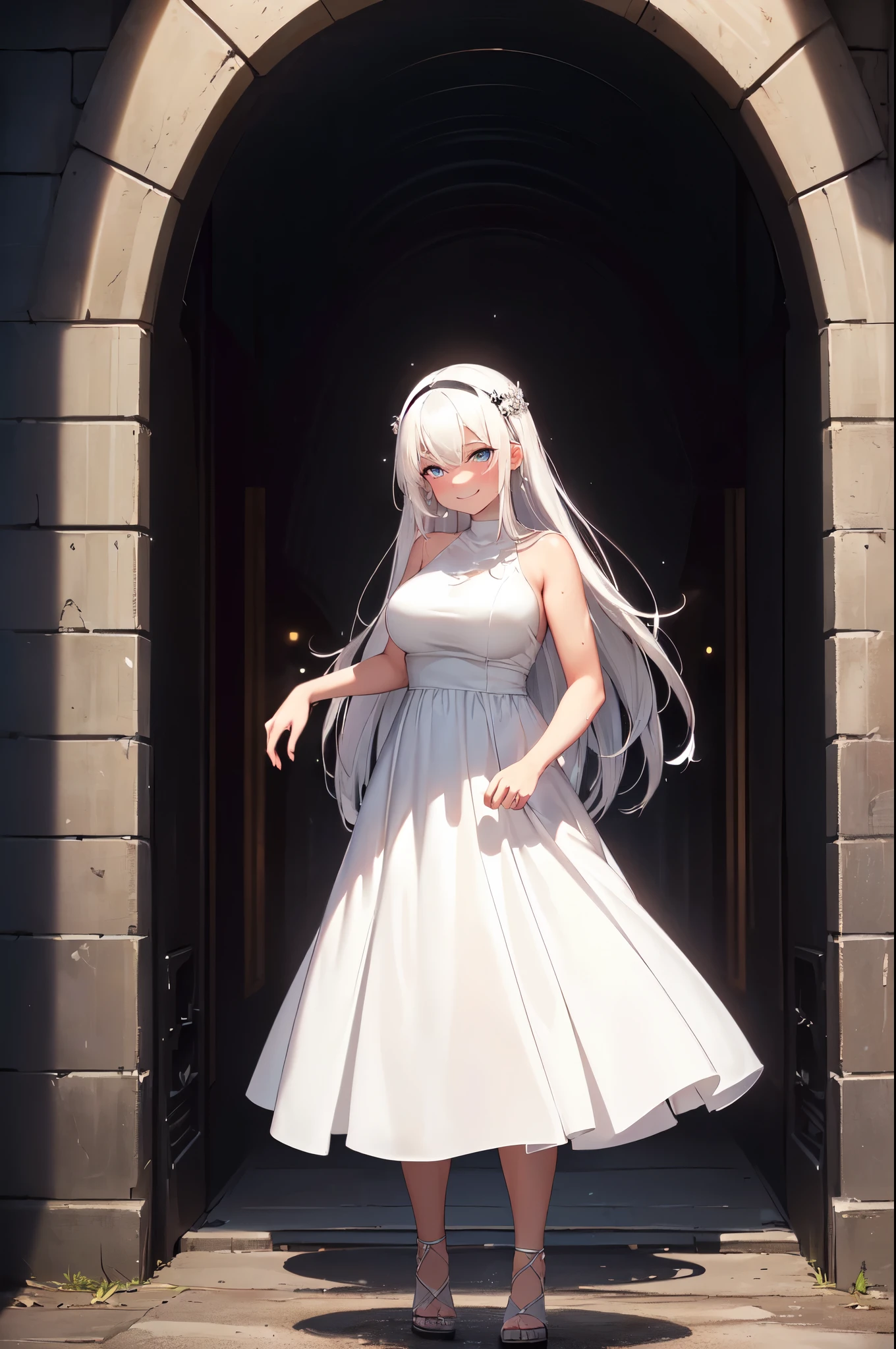 (High quality, High resolution, Fine details), Outdoors, (Round entrance), (Standing at the entrance to a pitch-black tunnel:1.2), Glowing dimly, (White Simple Dress), solo, curvy women, white hair, sparkling eyes, (Detailed eyes:1.2), Tilt head, grin, blush, Sweat, Oily skin, shallow depth of field, Dark tone
