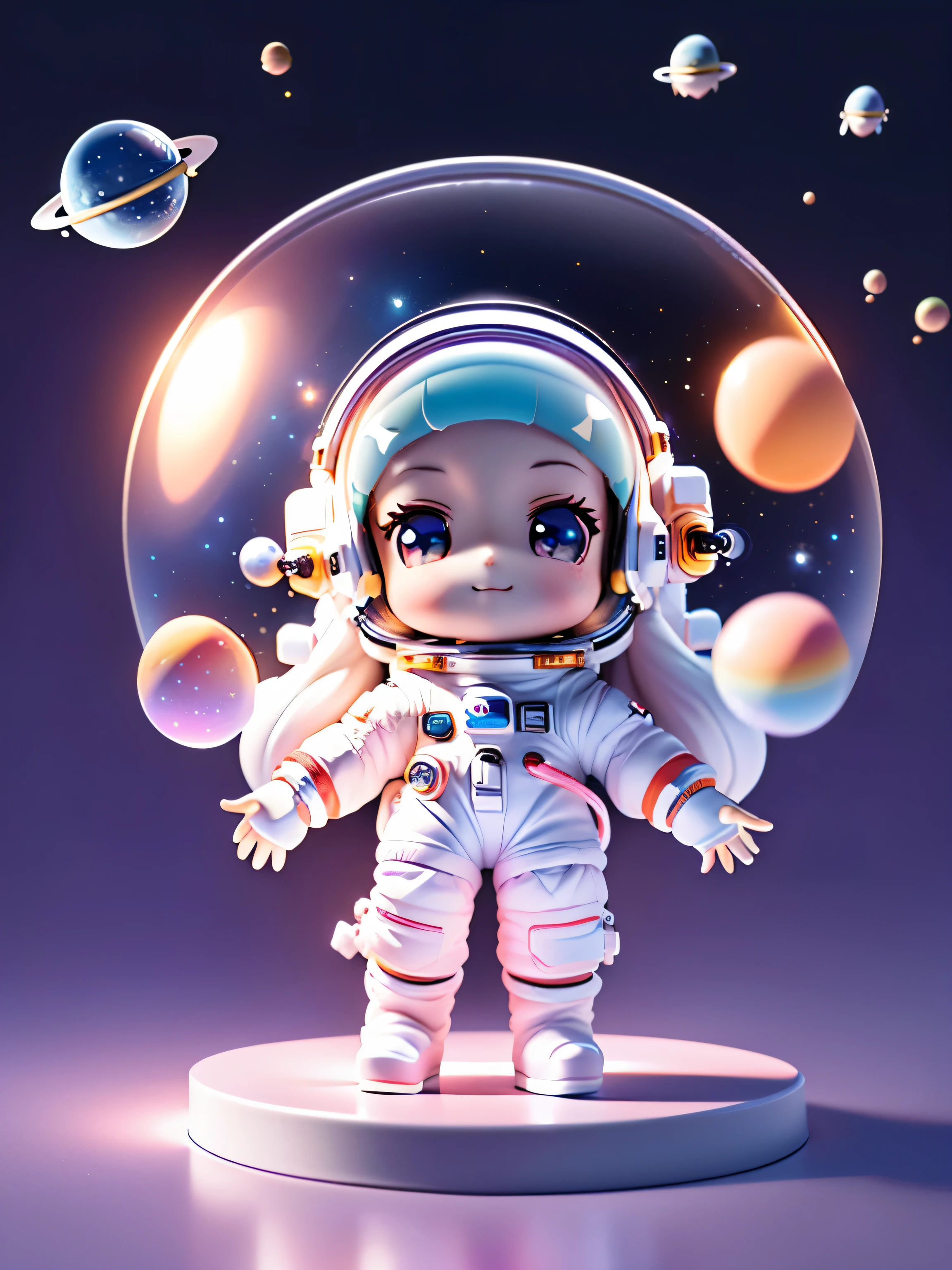 Super charming girl full body 3D picture, 1pc, beautiful eyes, big eyes, charming, happy, c4d, Popular matte blind box, long white hair, Glowing bubbles, Toy, solid color background, chibi, Fluorescent translucent, illuminator, kawaii, Toy娃娃, (((astronaut, Space cap, space suit))), Reference table, Bubble Mart Blind Box, Pixar, intricate details, 3d rendering, blender, Overclocked renderer, 身体Reference table, dribbble, high detail, 8k, studio lighting, , , , chibi, SD character: 1.1, starry sky background