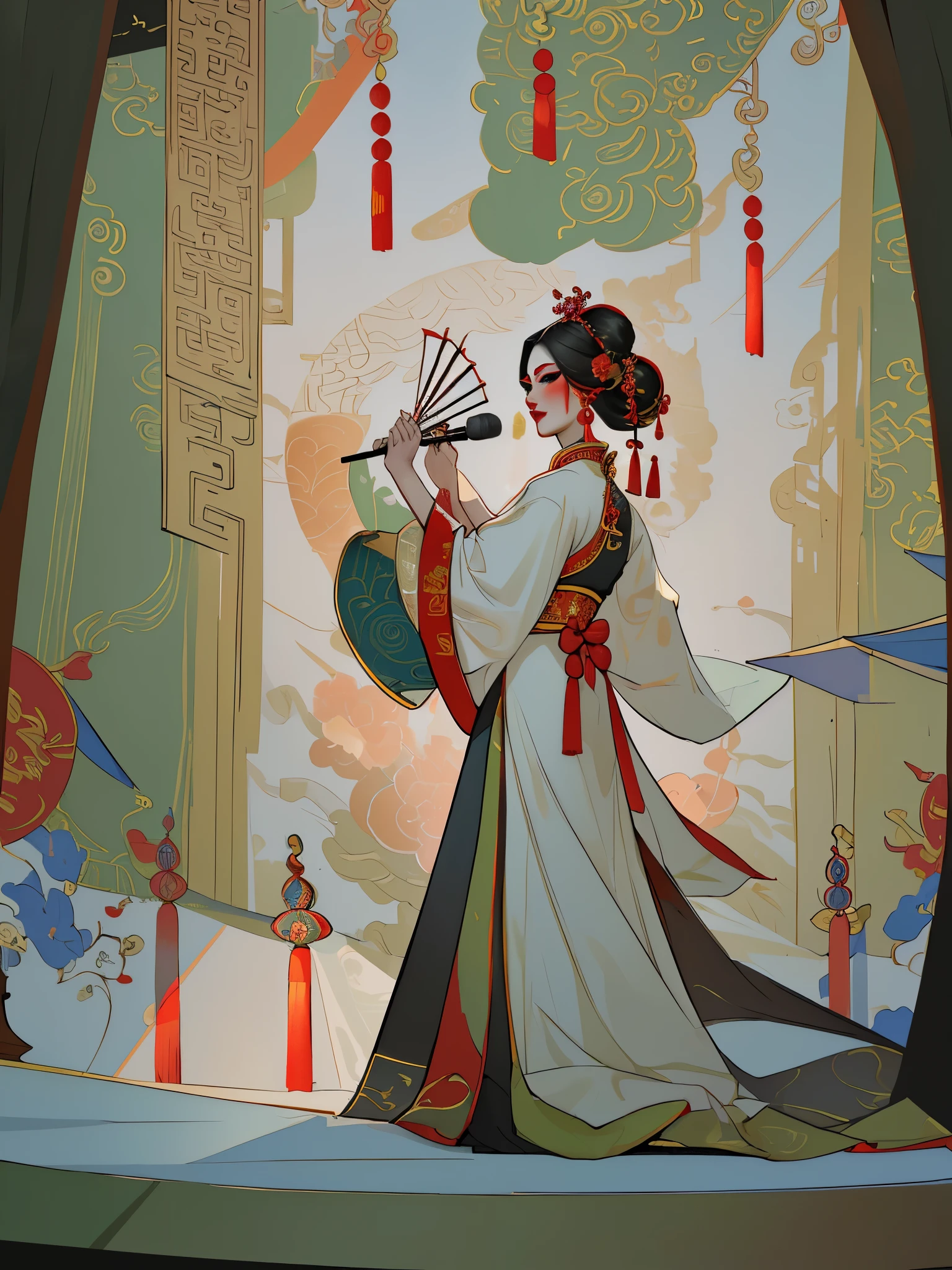 (best quality, masterpiece:1.2), highres, illustration, a woman singing opera on the stage, vibrant red colors, Beijing opera style, detailed facial makeup, exquisite costume, grandeur, traditional Chinese aesthetics, closed lips, facial makeup