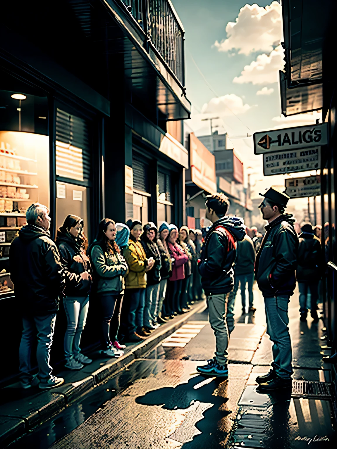(highest quality,High resolution:1.2),people in line々,Bright colors,contrast,Artistic style,Natural light