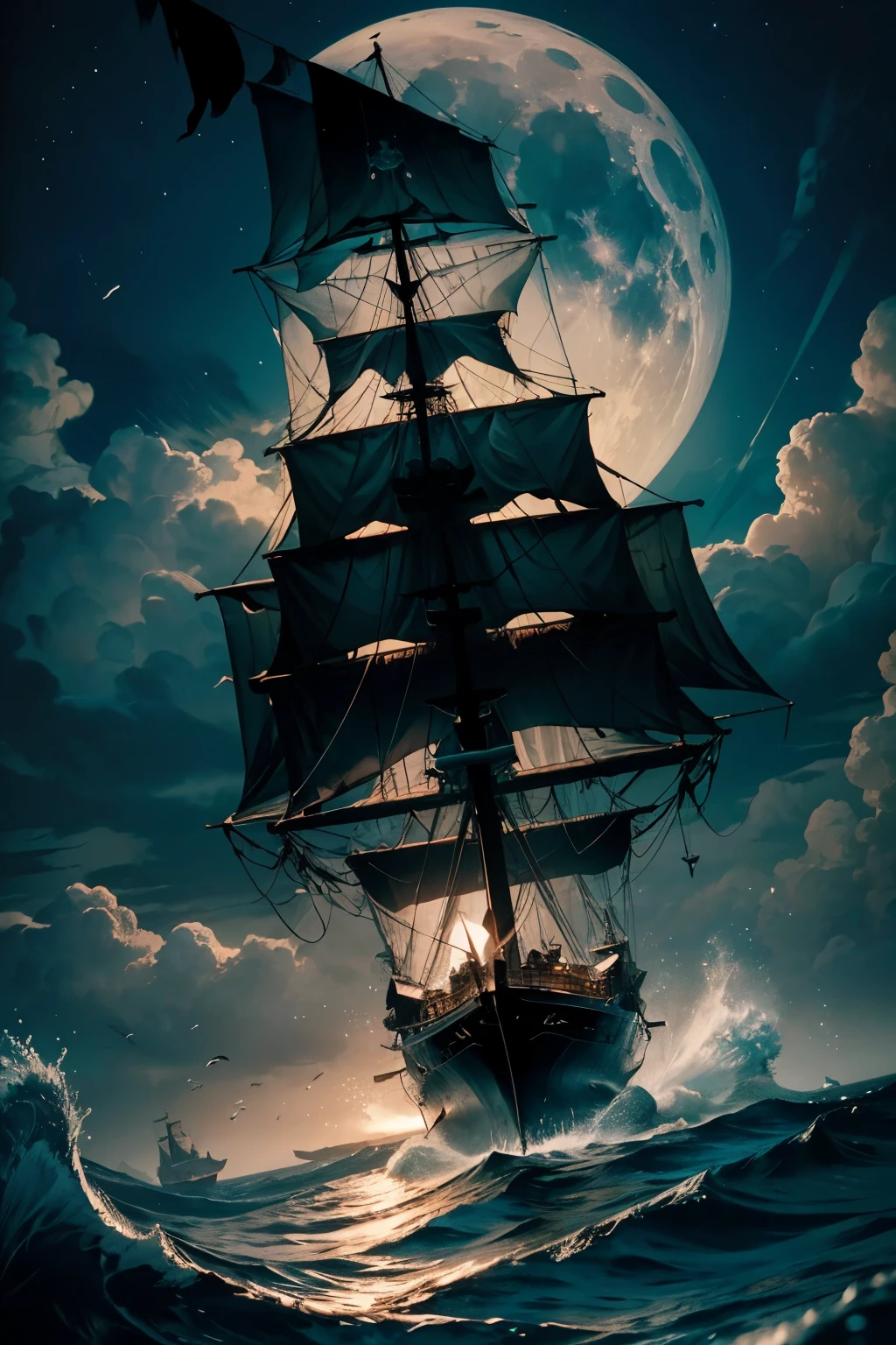 The twilight sky was a canvas painted with stars, their pale light dancing on the undulating waves of the ocean. The moon's pale glow reflected off the deep blue water, casting a serene yet mysterious ambiance. Silently, the black-sailed pirate ship navigated through the waves, the pirates on board shrouded in the darkness, their enigmatic figures striking fear in the hearts of their enemies.

Captain Wind Eye, a name synonymous with legend on the vast seas, stood at the helm. His piercing eyes, as sharp as the wind, scanned the horizon. His weathered face, bearing the salted marks of countless voyages, was a testament