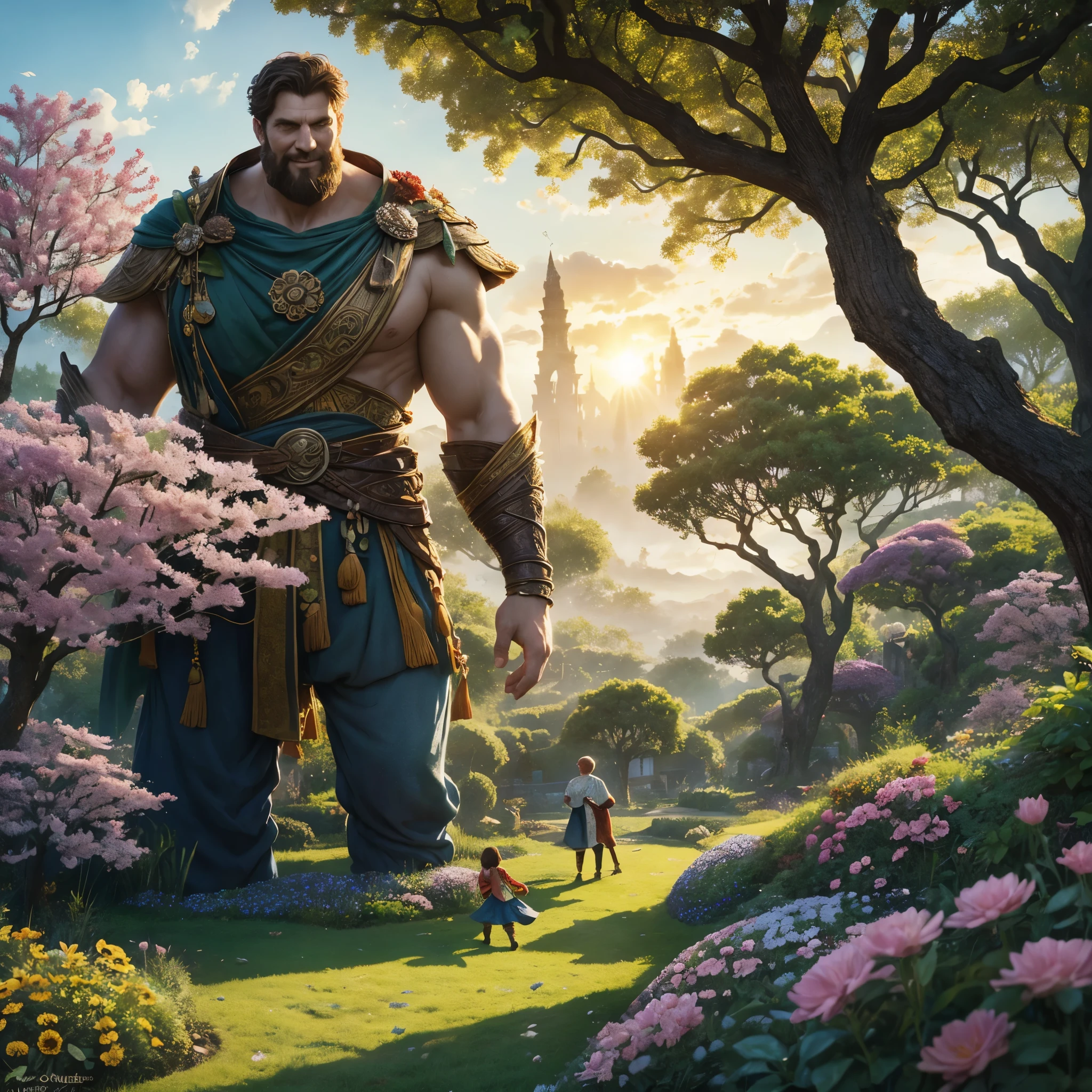 Title: "The Selfish Giant"
Prompt for Story Book Cover:
Set against a backdrop of lush gardens and colorful blooms, depict the main scene from "The Selfish Giant," where the redeemed giant experiences a transformative moment.
Description:
1. The Giant's Garden: Illustrate a magnificent, enclosed garden filled with vibrant flowers, towering trees, and charming creatures. Let the garden exude a sense of beauty and enchantment, inviting the reader to explore its wonders.
2. The Selfish Giant: Portray the giant as a towering figure, initially depicted with a stony expression, hunched shoulders, and a gloomy atmosphere surrounding him. This symbolizes his selfishness and isolation.
3. The Transformation: At the center of the cover, illustrate a heartwarming scene where the giant has a change of heart. Show him standing amidst the blossoming garden, the sun shining brightly as the once barren area flourishes with life. Add emphasis to this joyous moment by including smiling children playing and animals gathering around the giant.
4. Emanating Warmth and Kindness: Use warm and vibrant colors for the sunset sky, glowing sunlight filtering through branches, and the colorful flowers in bloom. Make the scene radiate with a sense of positivity and hope.
5. Book Title: Place the title, "The Selfish Giant," in elegant, stylized letters at the top or bottom of the image, ensuring it stands out clearly and complements the overall design.
Remember to capture the essence of transformation, compassion, and the beauty of nature in this captivating storybook cover for "The Selfish Giant."