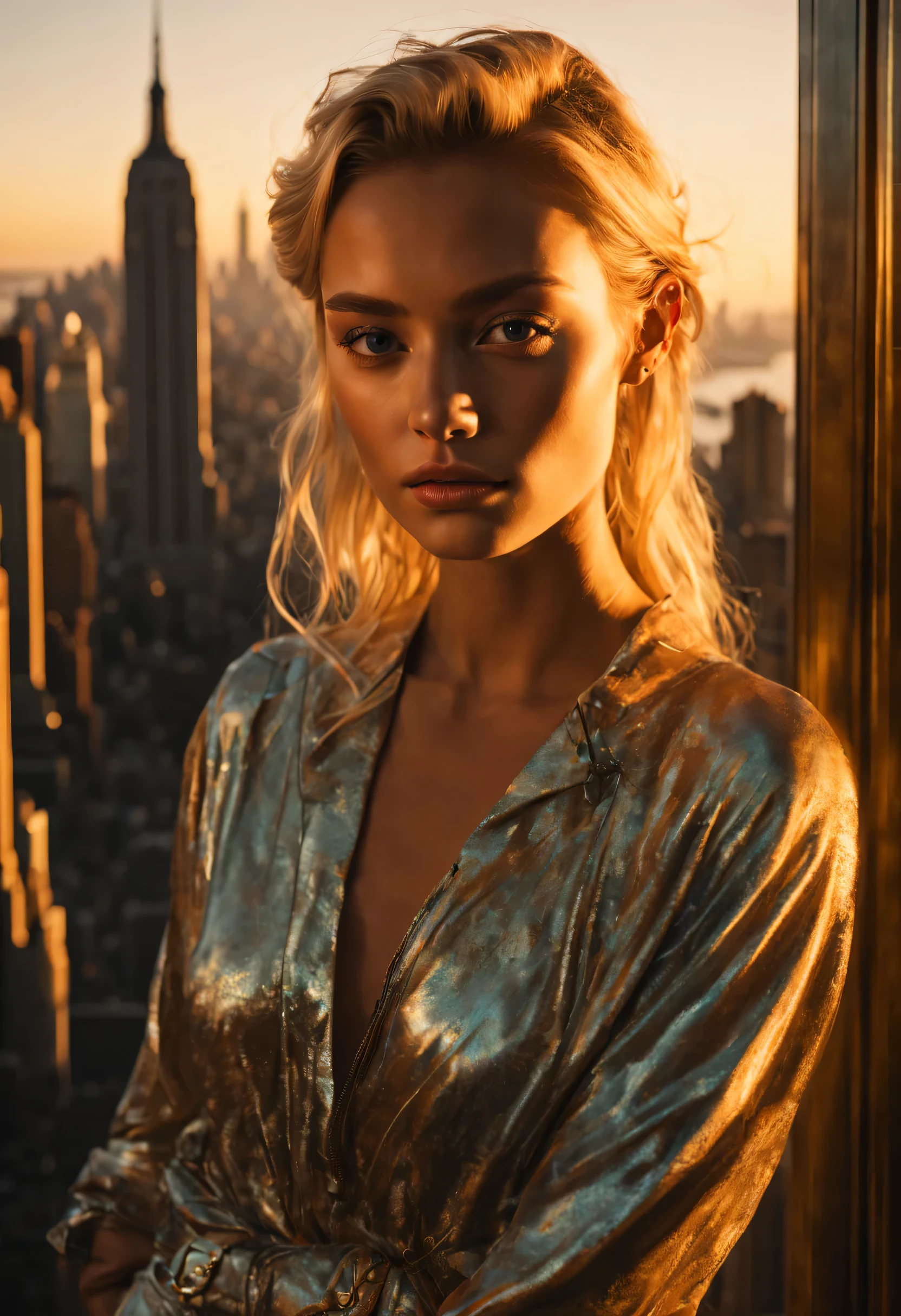 A stunning 21-year-old blonde supermodel stands atop the iconic Empire State Building, her tanned skin glowing in the golden hour light. Shot on an Aaton LTR 54, this portrait is a stunning example of visual storytelling, this cinematic image captures the model's effortless beauty and the grandeur of the city below. (35mm, F/2.8) Photo Focus, DOF, Aperture, and hypermaximalist rendering bring this scene to life in stunning detail. This image captures every nuance of her expression, from the subtle creases in her skin to the way her hair falls around her face. It's a stunningly realistic and visually descriptive piece. The composition is expertly crafted, with global illumination adding a sense of depth and dimension.