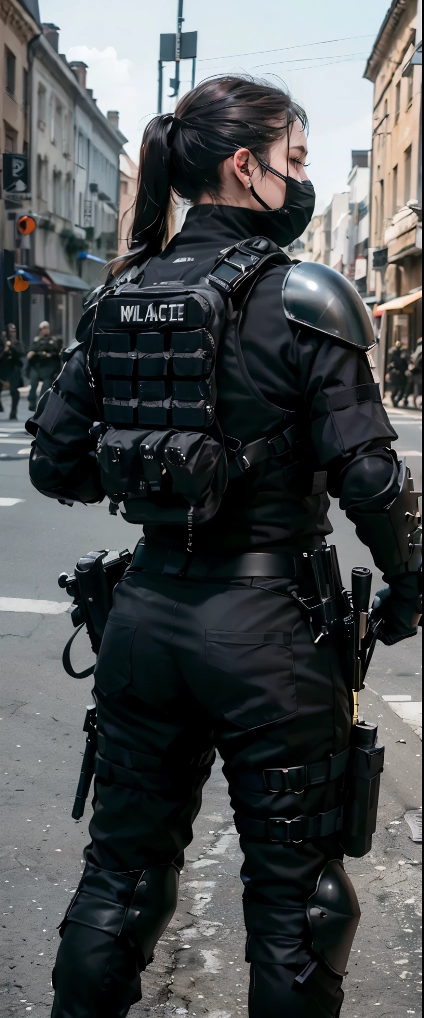(highest quality), ((masterpiece), (detailed: 1.4), 3D, HDR (high dynamic range), ray tracing, NVIDIA RTX, super resolution, unreal 5, (several 3police officers are standing in a line with their backs turned), french special ops, special forces security, dressed in black body armour, wearing tactical gear, black tactical gear, airsoft cqb, tactical gear, police state, tactical armor, special forces, tense look, swat, full body armour, heavily armed, kawaii swat team, dressed in tactical armor, 