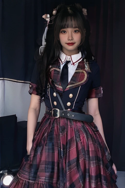 ((Best Quality, 8k, Masterpiece:1.3)), Focus:1.2,cinematic lighting,depth of field,Japanese,28yo, (Slender Body:1.6),((flat chests:1.5)), Buttocks:1.2, ((Black straight Hair)), Highly detailed face and skin texture, Fine eyes, Double eyelids, tanned skin,Smile,(on stage: 1.3),(blushing:1.5),idol_costume,spotlights,audience,