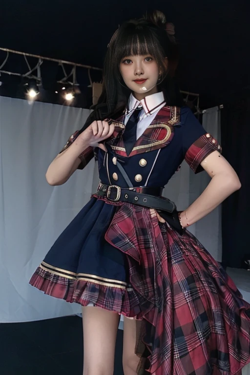 ((Best Quality, 8k, Masterpiece:1.3)), Focus:1.2,cinematic lighting,depth of field,Japanese,28yo, (Slender Body:1.6),((flat chests:1.5)), Buttocks:1.2, ((Black straight Hair)), Highly detailed face and skin texture, Fine eyes, Double eyelids, tanned skin,Smile,(on stage: 1.3),(blushing:1.5),idol_costume,spotlights,audience,