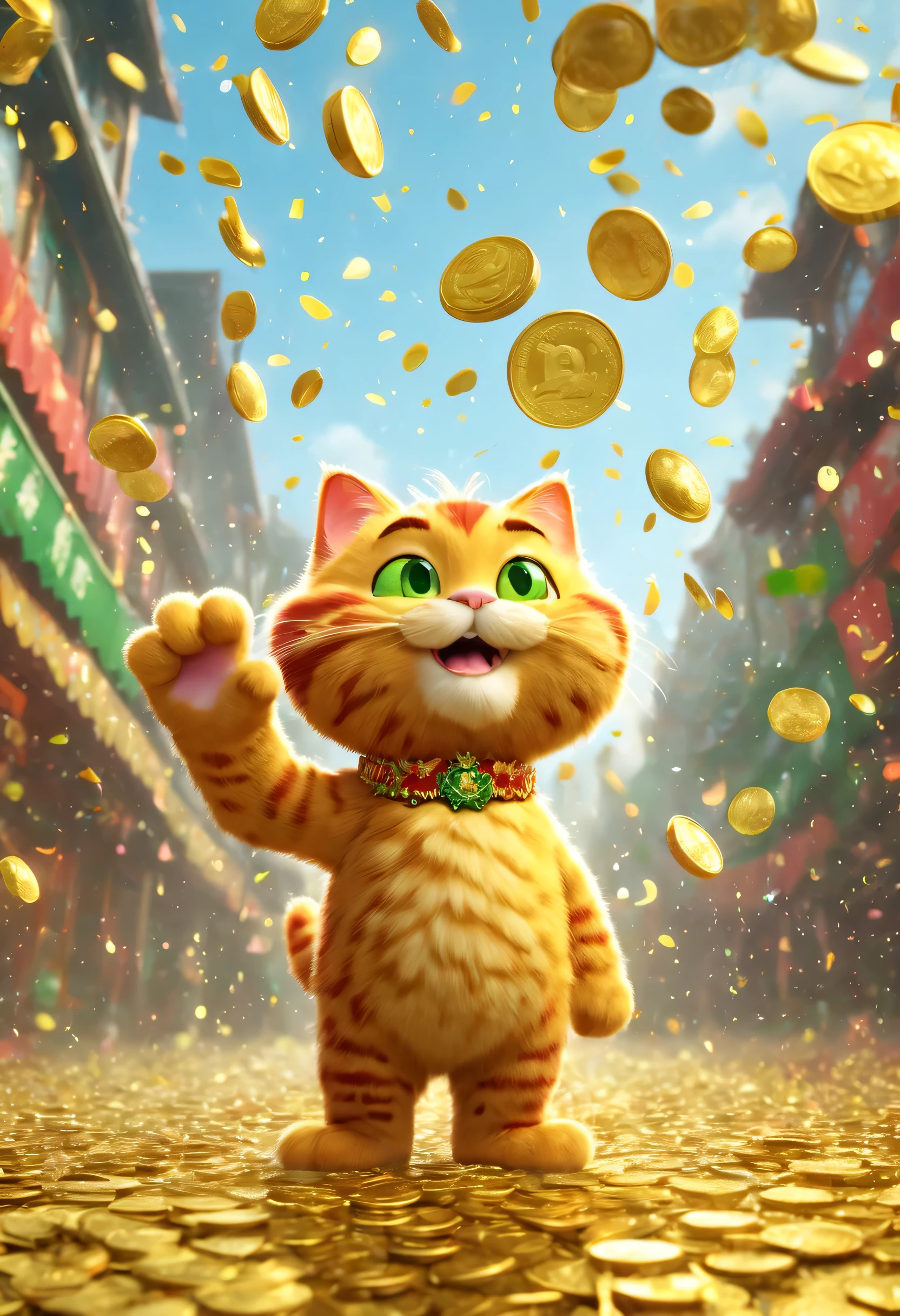 Garfield，big furry head，hairy body，sharp claws，green，color。There are many gold coins in the air，Red and gold confetti flying in the sky，Gold coin rain，A strong festive atmosphere，Very lively。symmetry