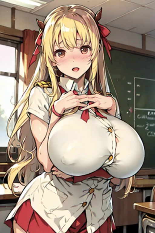 breast focus,loose school uniform is sheer, button gap,(covered nipples:0.7),breasts,under breasts ,red white gold uniform,(side-tie peek:1.5),(button gap:1.5), white skirt, white top, red ribbon, golden buttons, golden shoulder pats, young adult, 19 years, (embarrassed,blush:1.5),blonde hair,half updo hair, open mouth,brown eyes, beautiful brown eyes, big breast, striking body curves, horny smile, pink lips,  girl, cute pose, masterpiece, classroom background, school