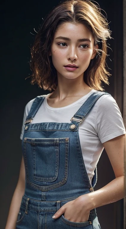 dressed, (photo realistic:1.4), (hyper realistic:1.4), (realistic:1.3), (smoother lighting:1.05), (increase cinematic lighting quality:0.9), 32K, 1girl, 20yo girl, realistic lighting, backlighting, light on face, ray trace, (brightening light:1.2), (Increase quality:1.4), (best quality real texture skin:1.4), finely detailed eyes, finely detailed face, finely quality eyes, (tired and sleepy and satisfied:0.0), face closeup, up to knees, wet t-shirt, wearing overall jeans, (Increase body line mood:1.1), (Increase skin texture beauty:1.1) 