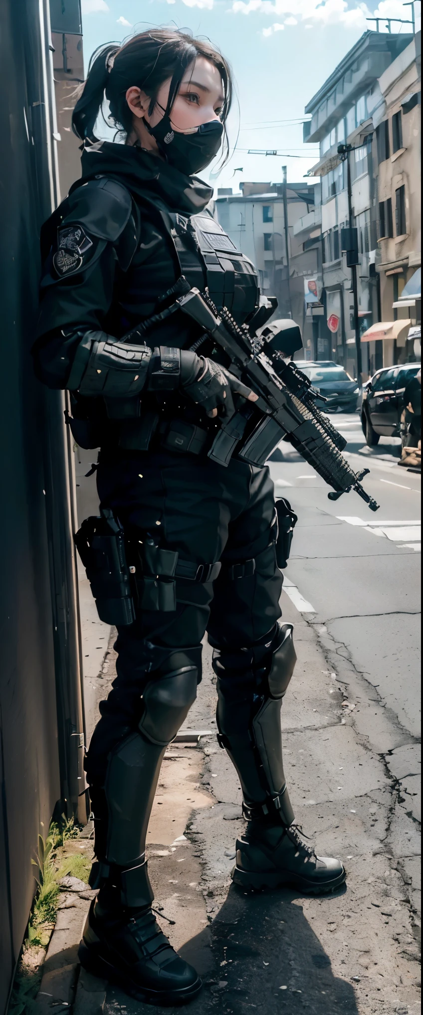 (highest quality), ((masterpiece), (detailed: 1.4), 3D, HDR (high dynamic range), ray tracing, NVIDIA RTX, super resolution, unreal 5, (several 3police officers are standing in a line with their backs turned), french special ops, special forces security, dressed in black body armour, wearing tactical gear, black tactical gear, airsoft cqb, tactical gear, police state, tactical armor, special forces, tense look, swat, full body armour, heavily armed, kawaii swat team, dressed in tactical armor, 