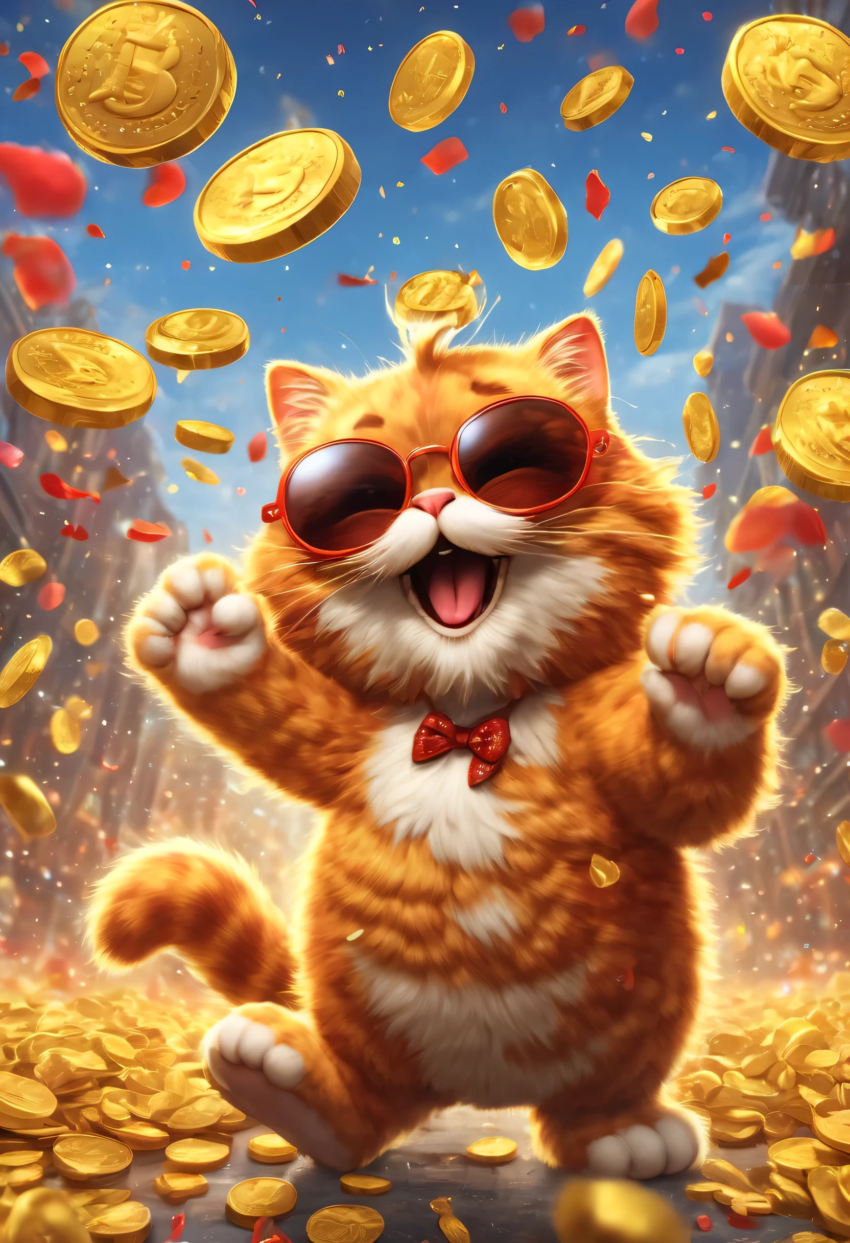 The boss is fashionable Garfield，wearing big glasses，exaggerated expression，exaggerated movements，big furry head，hairy body，sharp claws。There are many gold coins in the air，Red and gold confetti flying in the sky，Gold coin rain，cornucopia，A strong festive atmosphere，Very lively。symmetry