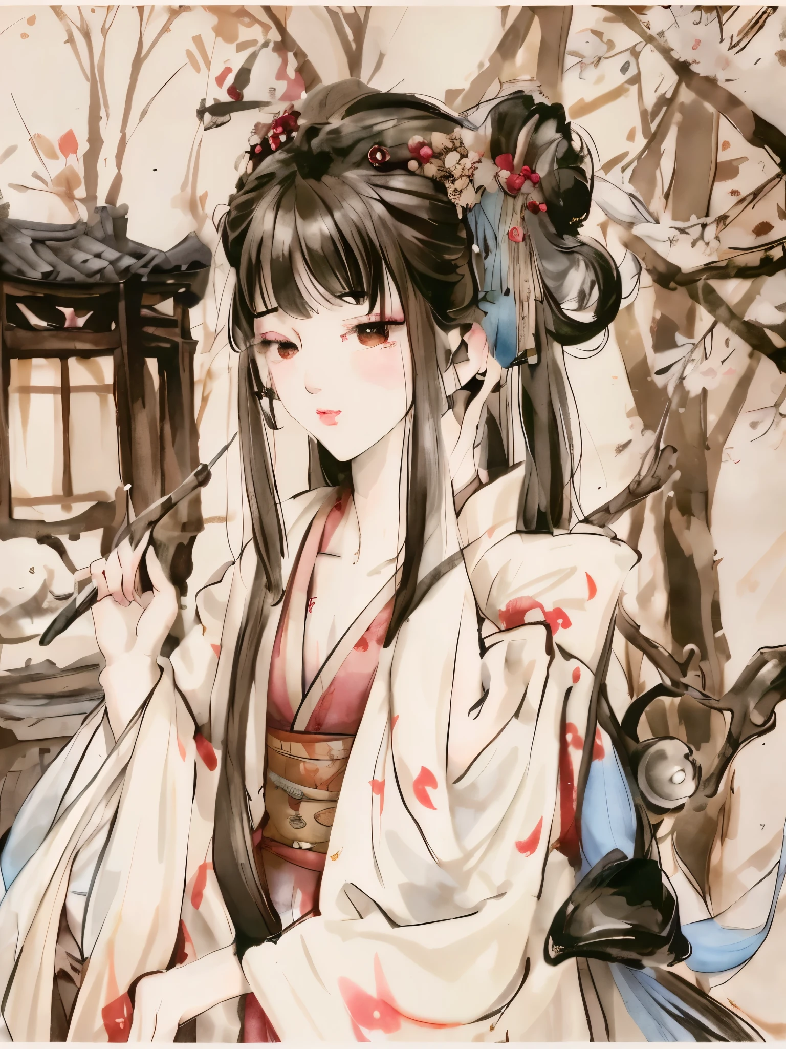 One wearing a kimono、woman holding fan and bird,melancholy,Shed tears,Painting, palace , A girl wearing Hanfu, Japanese art style, guweiz style artwork, beautiful figure painting, anime style 4k, anime art wallpaper 4k, anime art wallpaper 4k, guweiz, Chinese painting style, Japanese style, Beuatiful anime, Beuatiful anime girl
